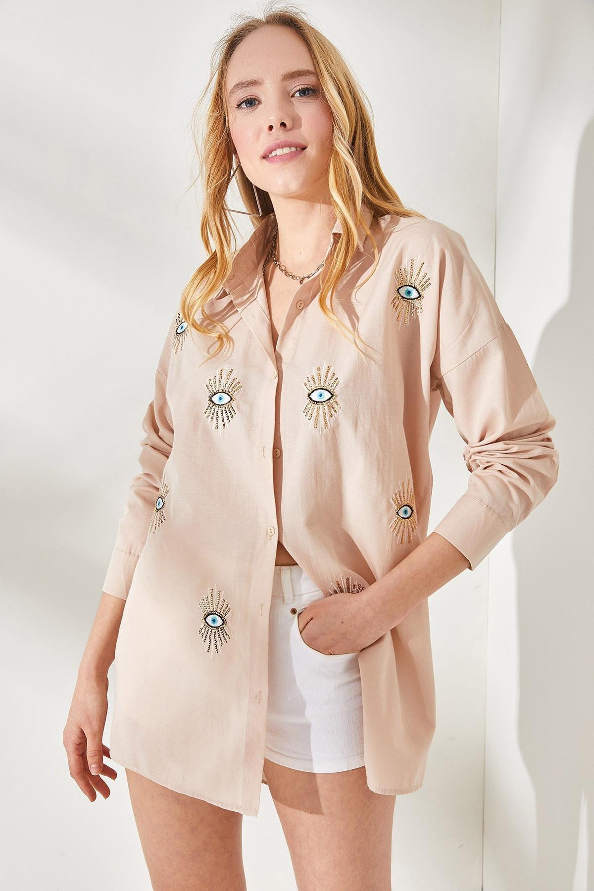 Beige Printed Oversize Shirt, , large image number 1
