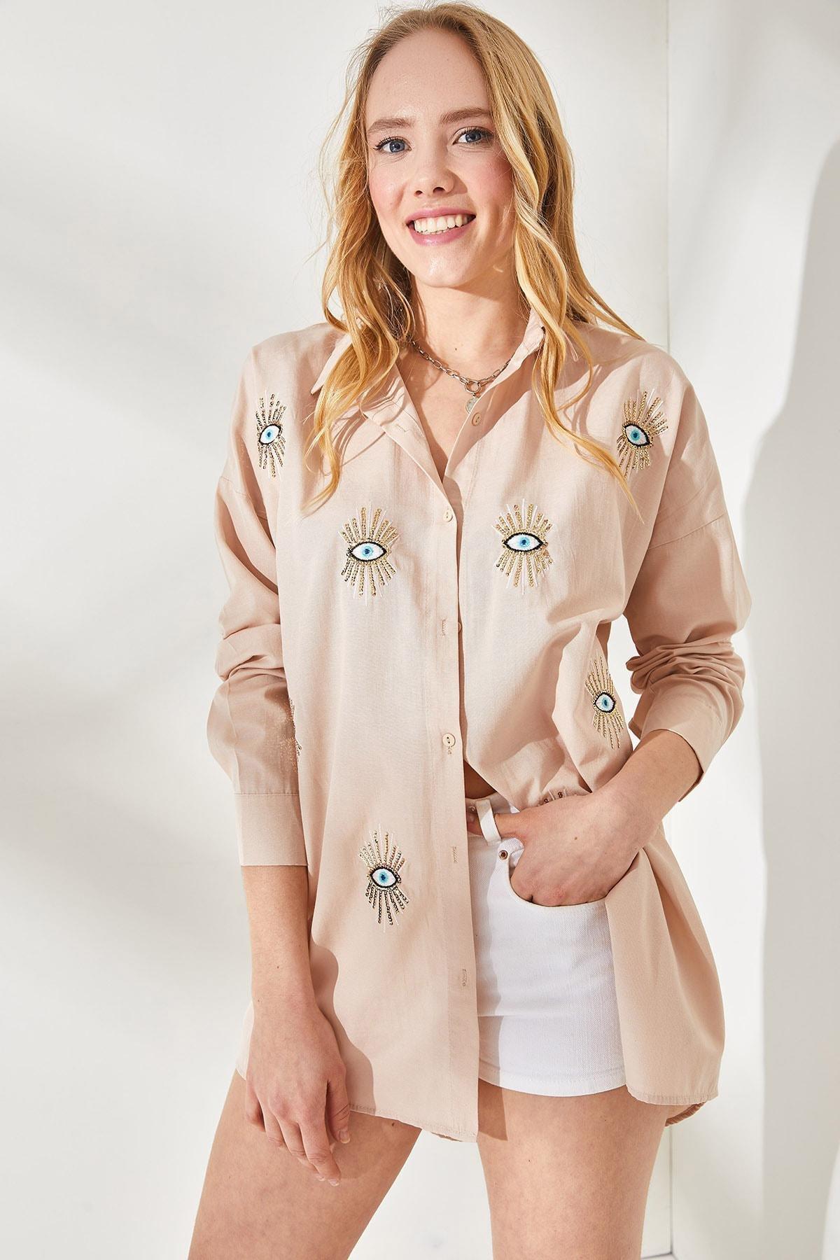 Beige Printed Oversize Shirt, , large image number 2