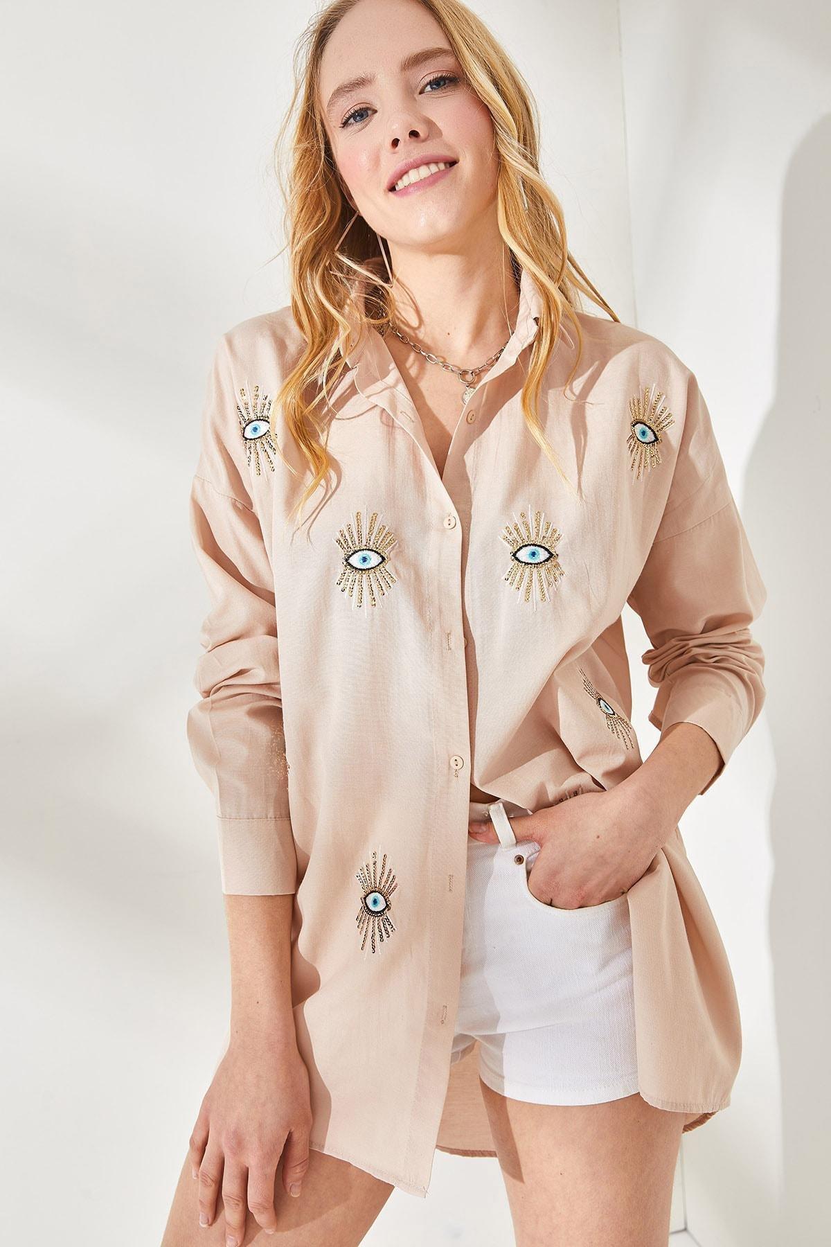 Beige Printed Oversize Shirt, , large image number 3