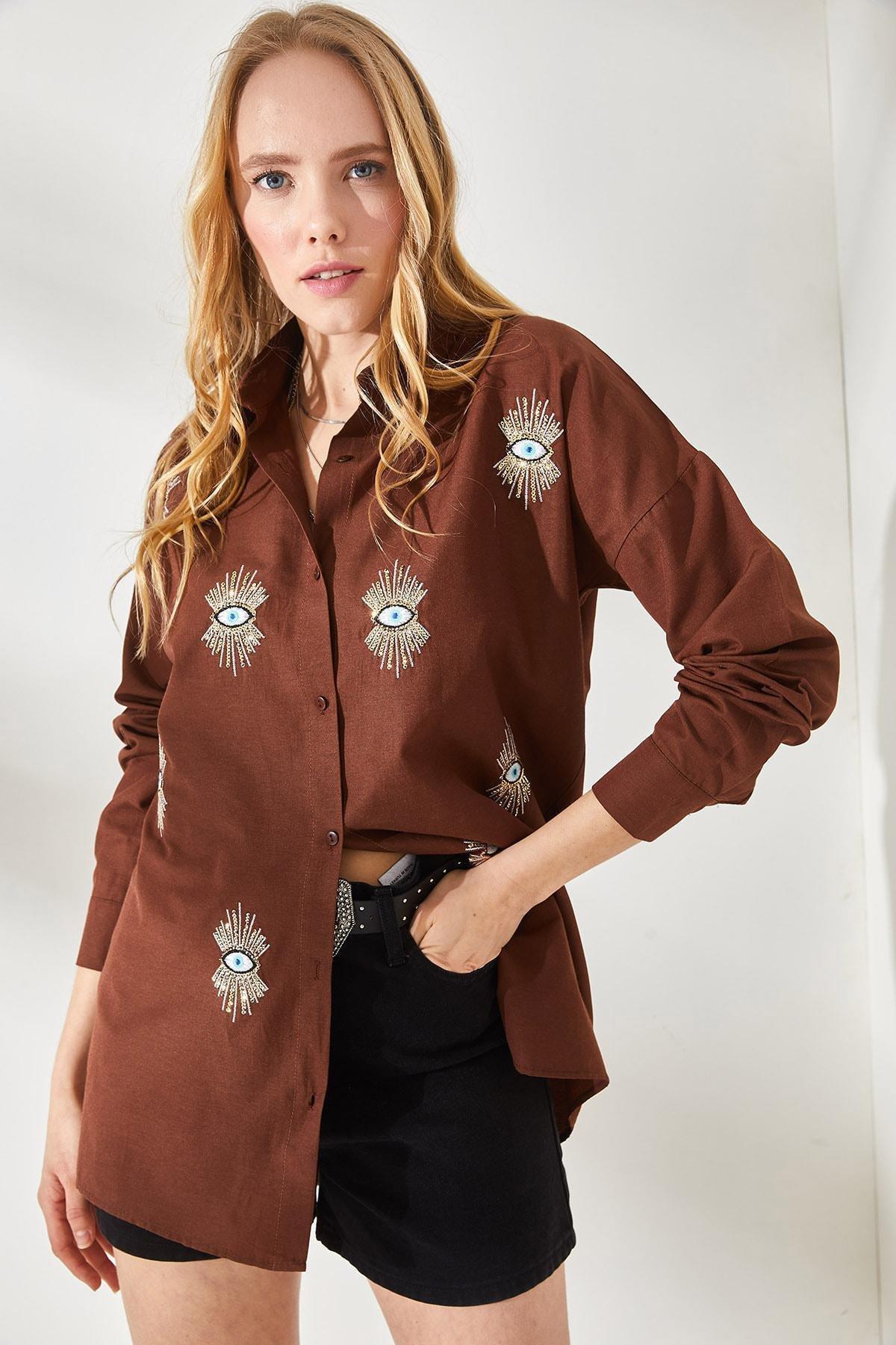 Navy Sequin Detailed Woven Boyfriend Shirt, , large image number 1