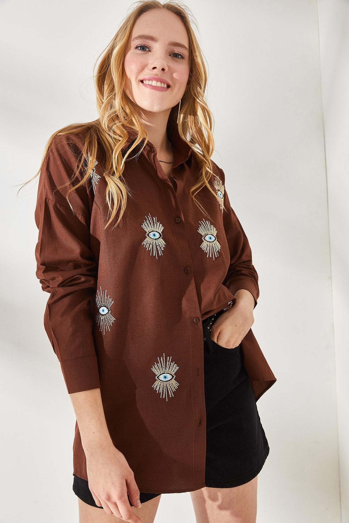Navy Sequin Detailed Woven Boyfriend Shirt, , large image number 2