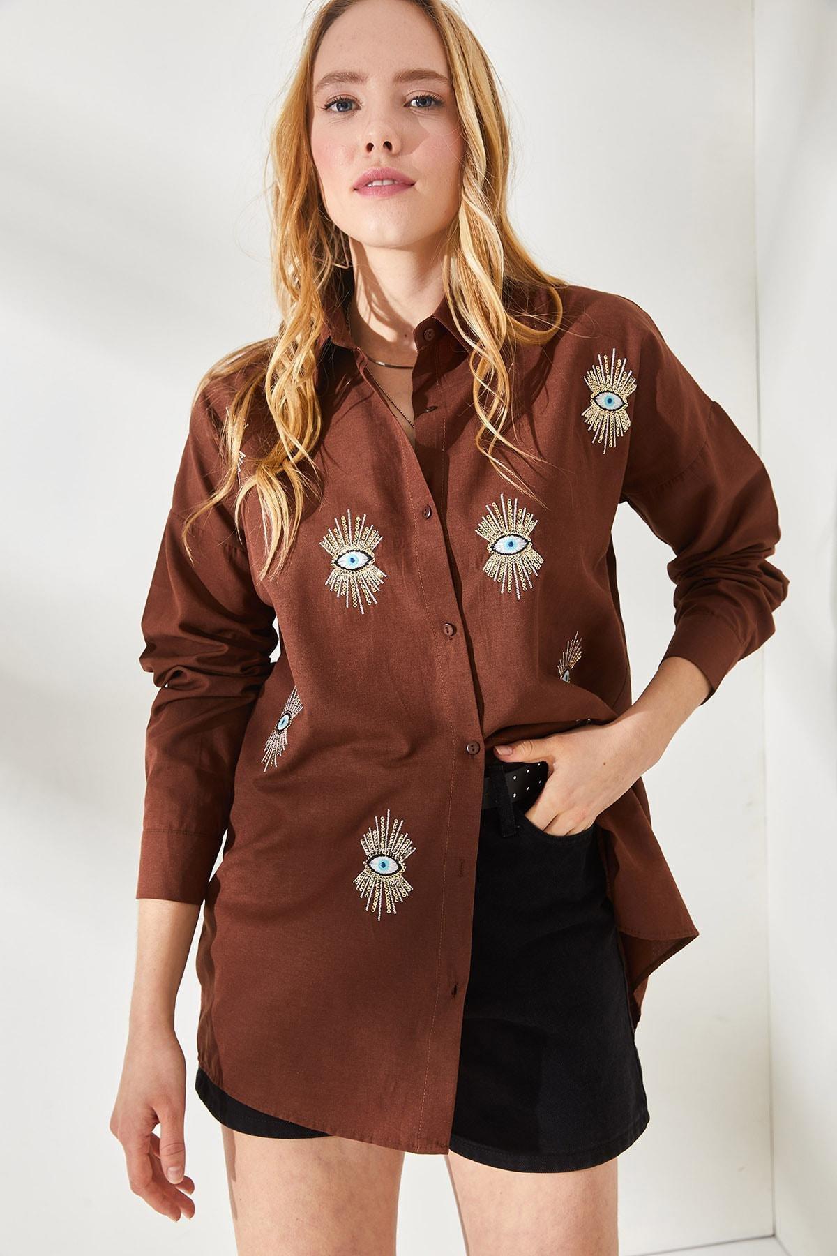 Navy Sequin Detailed Woven Boyfriend Shirt, , large image number 3