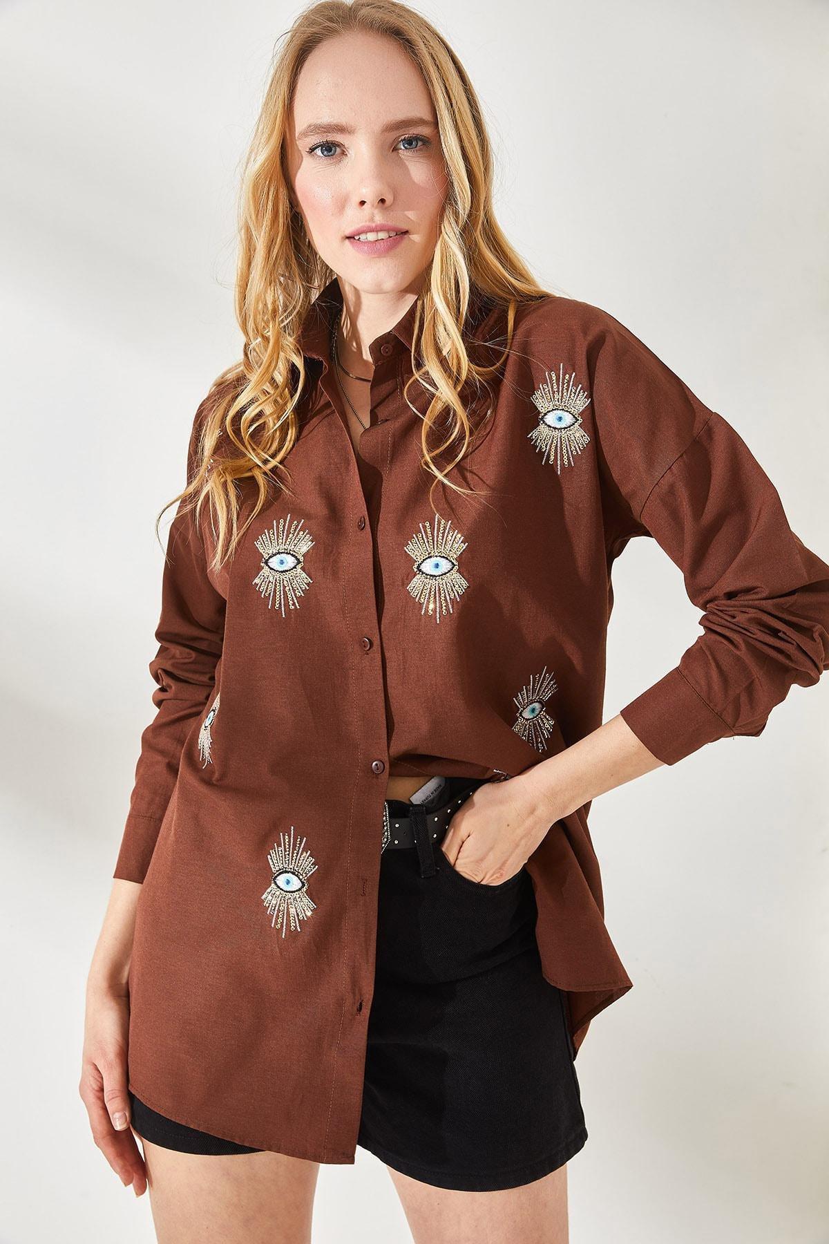 Navy Sequin Detailed Woven Boyfriend Shirt, , large image number 4