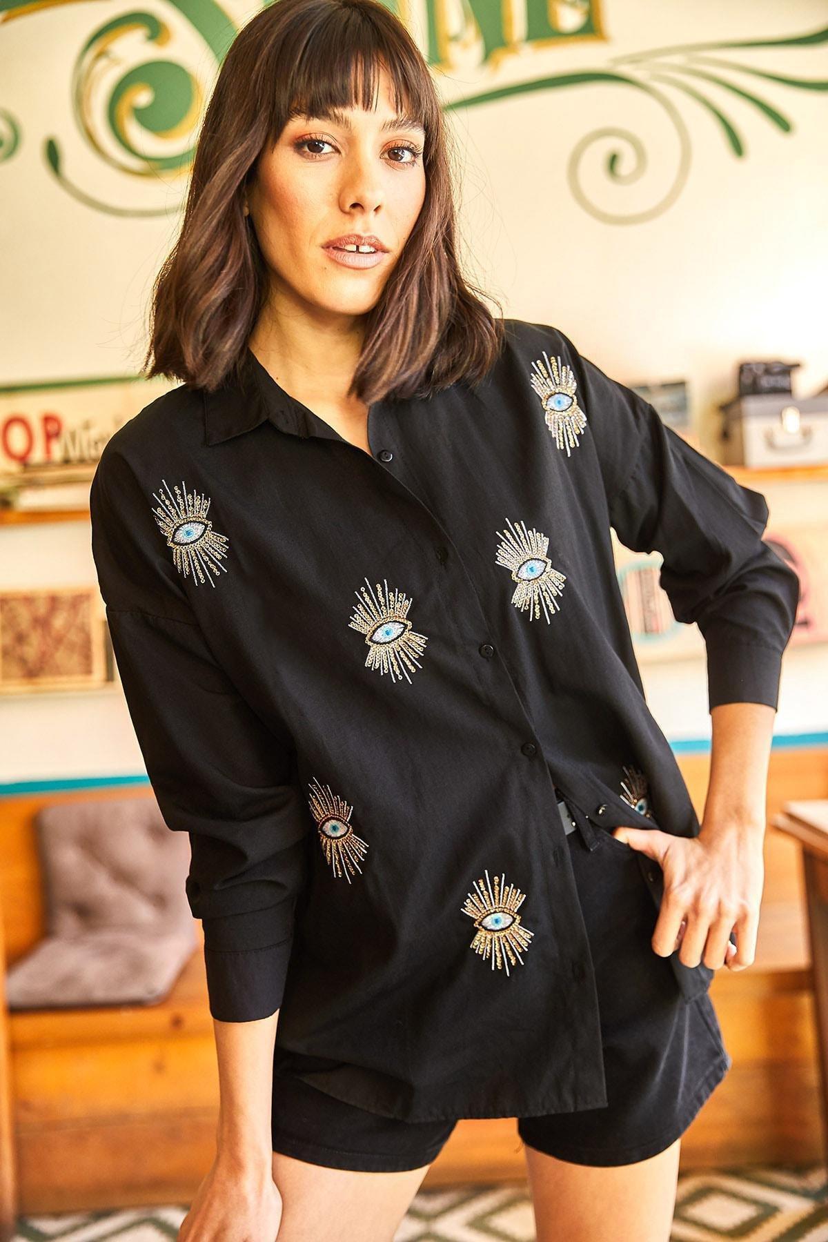 Black Printed Oversized Shirt, , large image number 0