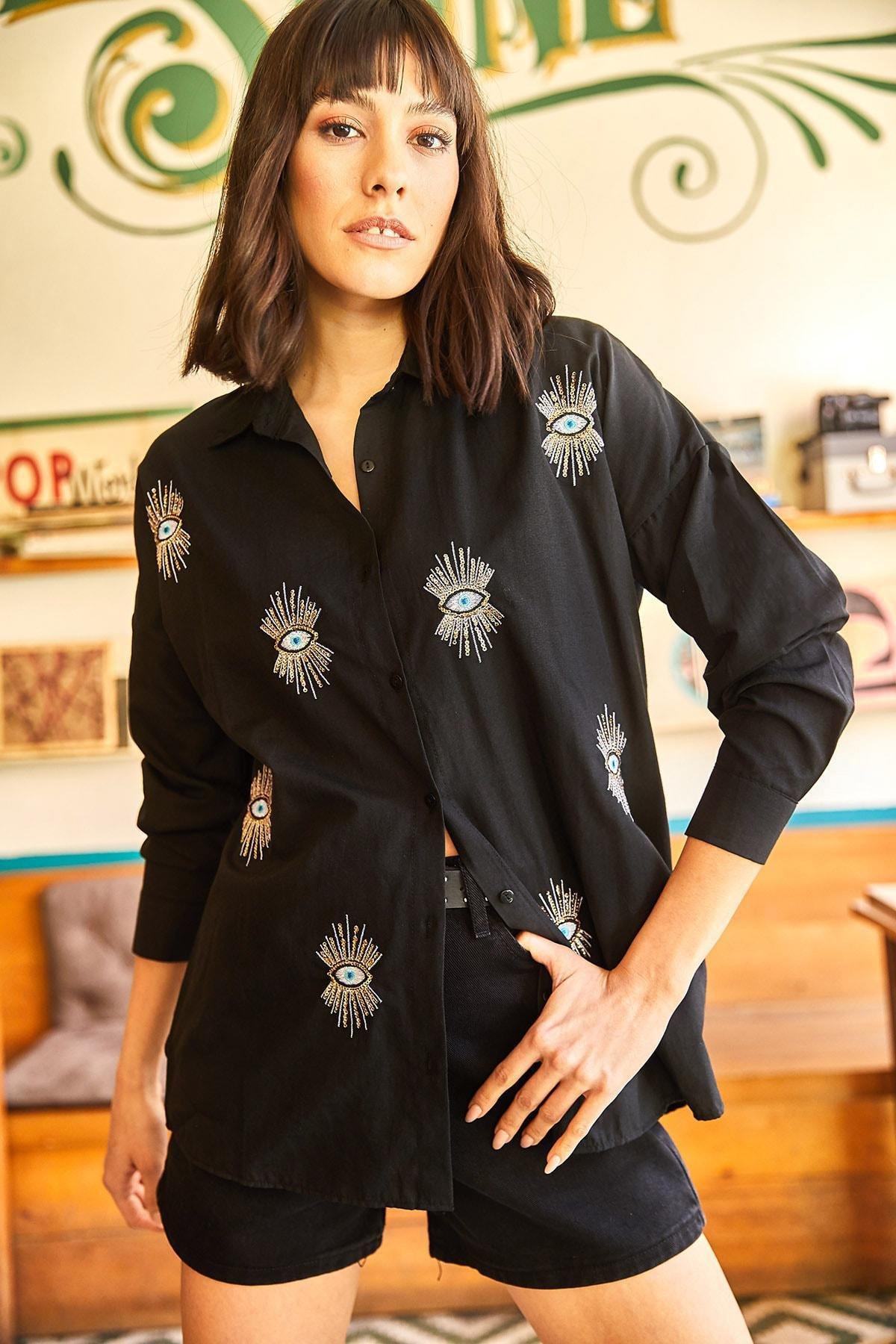 Black Printed Oversized Shirt, , large image number 1