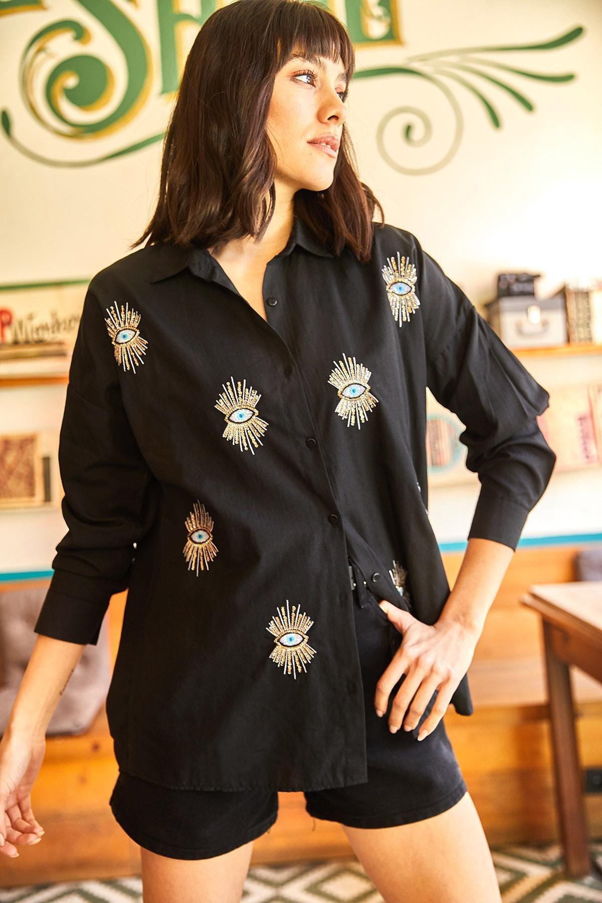 Black Printed Oversized Shirt, , large image number 2