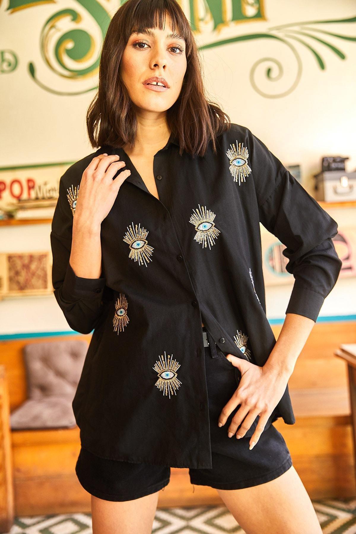 Black Printed Oversized Shirt, , large image number 3