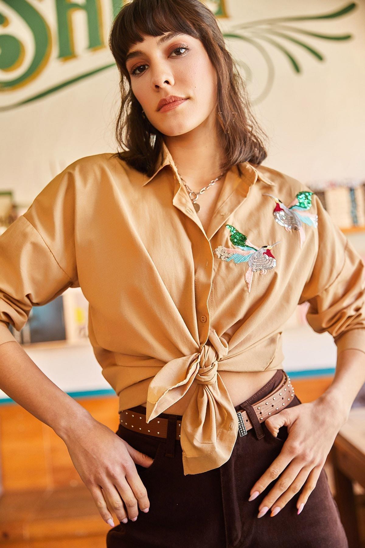 Camel Embroidered Tie Front Blouse, C101_5080, large image number 1