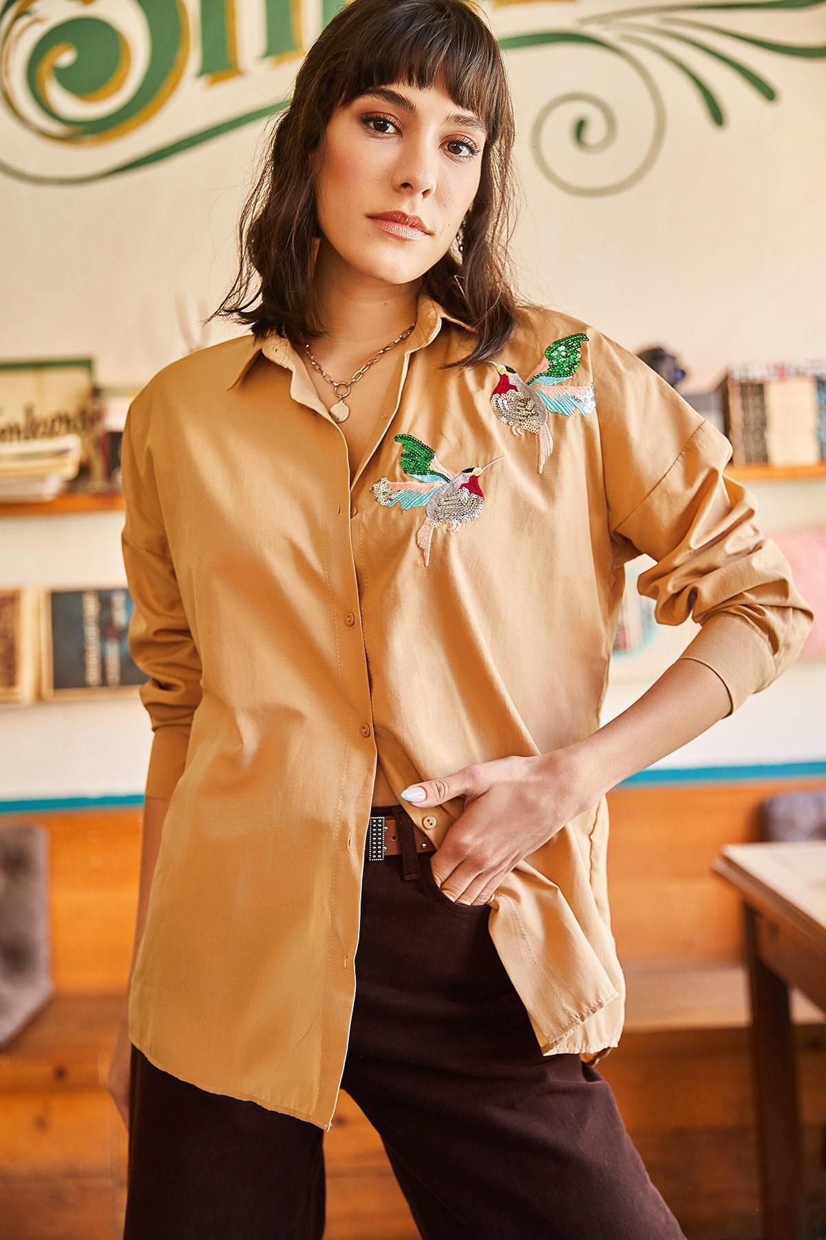Camel Embroidered Tie Front Blouse, C101_5080, large image number 2