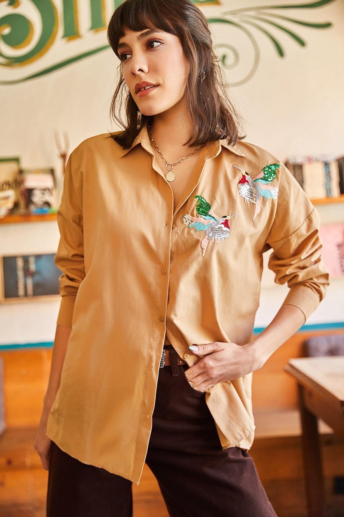 Camel Embroidered Tie Front Blouse, C101_5080, large image number 3
