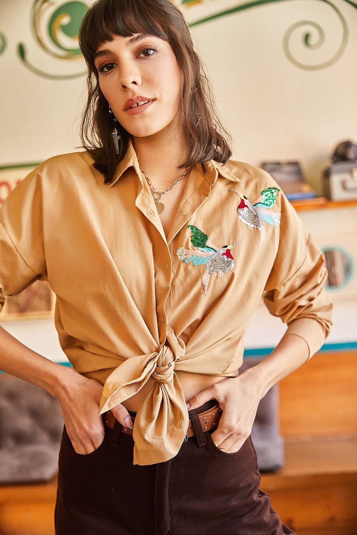Camel Embroidered Tie Front Blouse, C101_5080, large image number 4