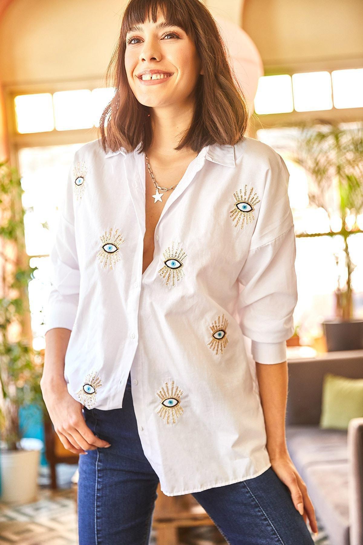 White Printed Oversized Shirt, , large image number 0