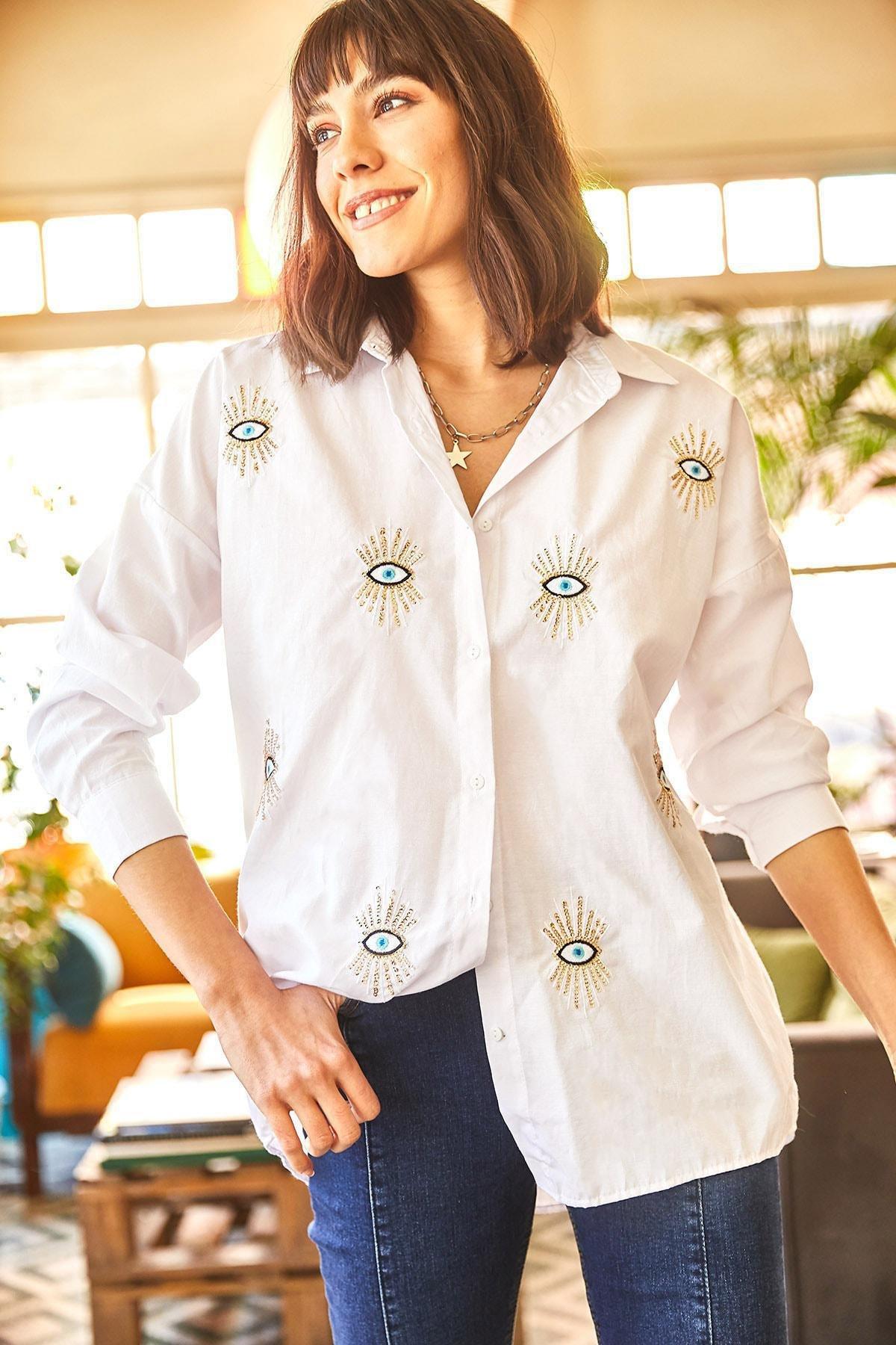 Olalook - White Printed Oversized Shirt