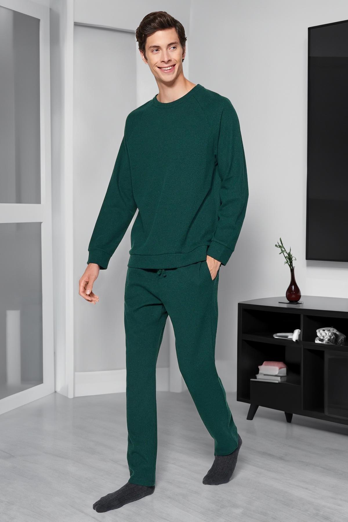 Green Regular Fit Waffle Knitted Pyjamas Set, , large image number 2