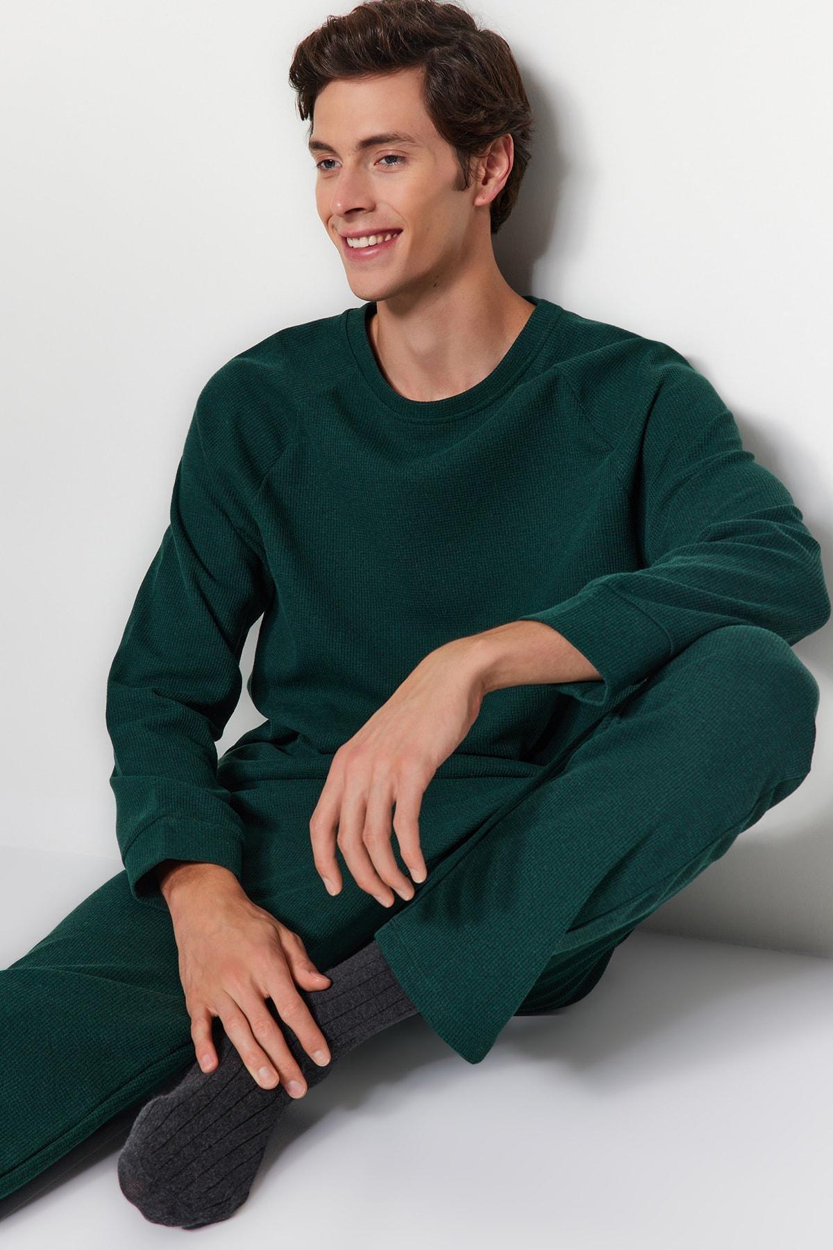 Green Regular Fit Waffle Knitted Pyjamas Set, , large image number 3
