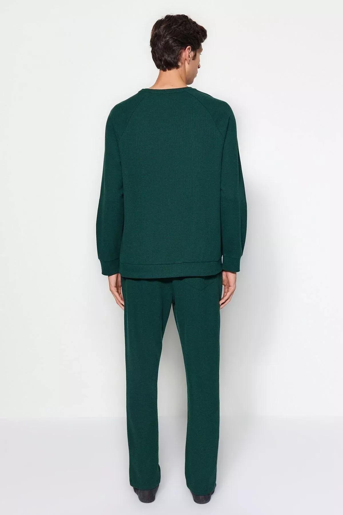 Green Regular Fit Waffle Knitted Pyjamas Set, , large image number 4