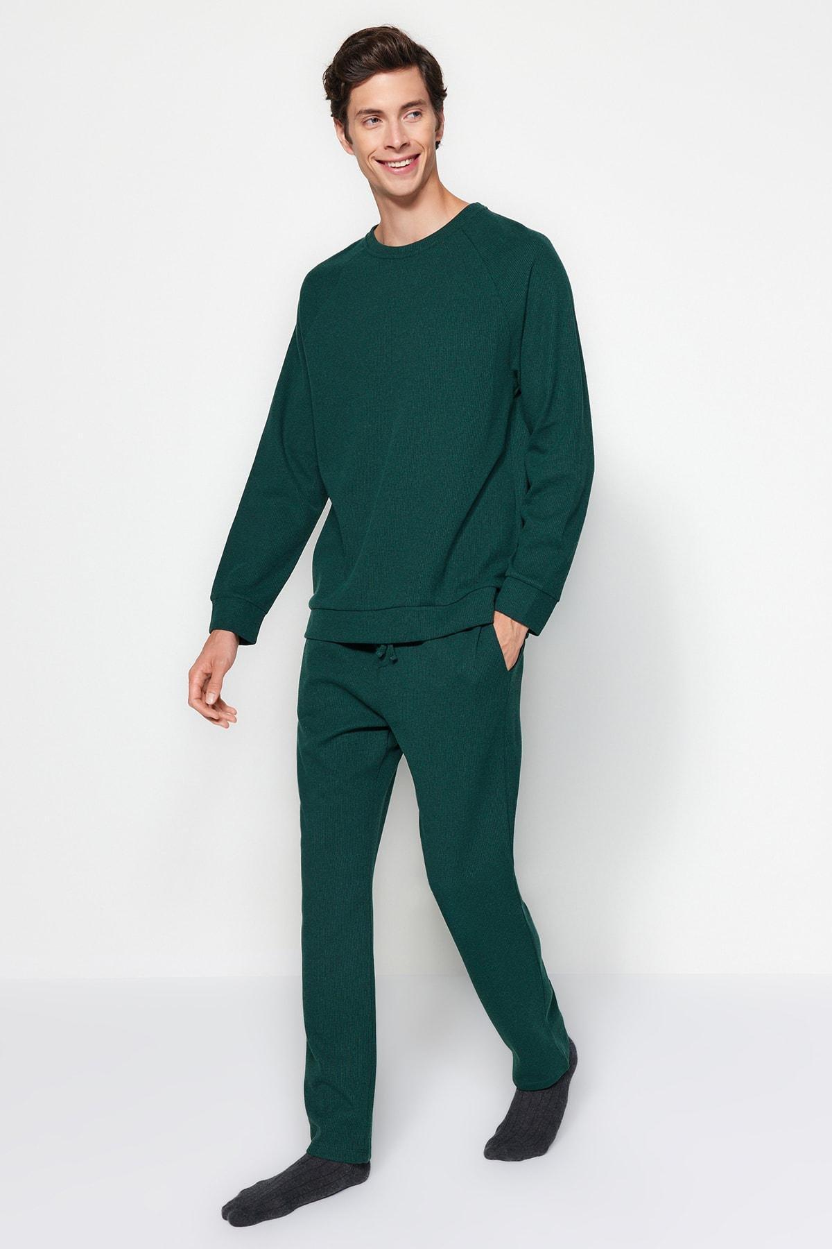 Green Regular Fit Waffle Knitted Pyjamas Set, , large image number 5