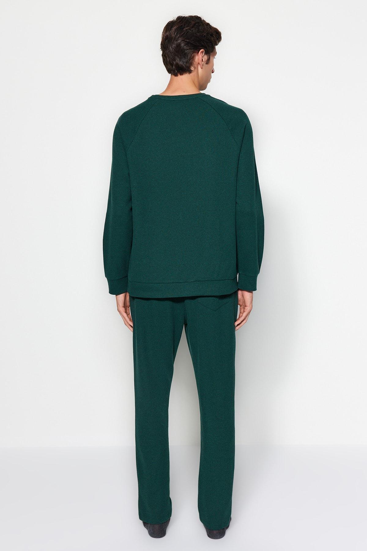Green Regular Fit Waffle Knitted Pyjamas Set, , large image number 6