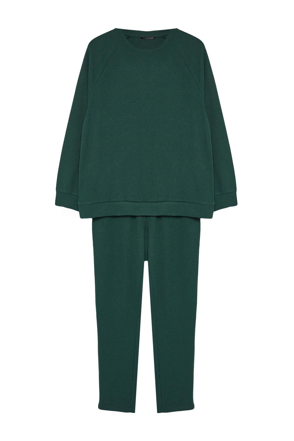 Green Regular Fit Waffle Knitted Pyjamas Set, , large image number 7