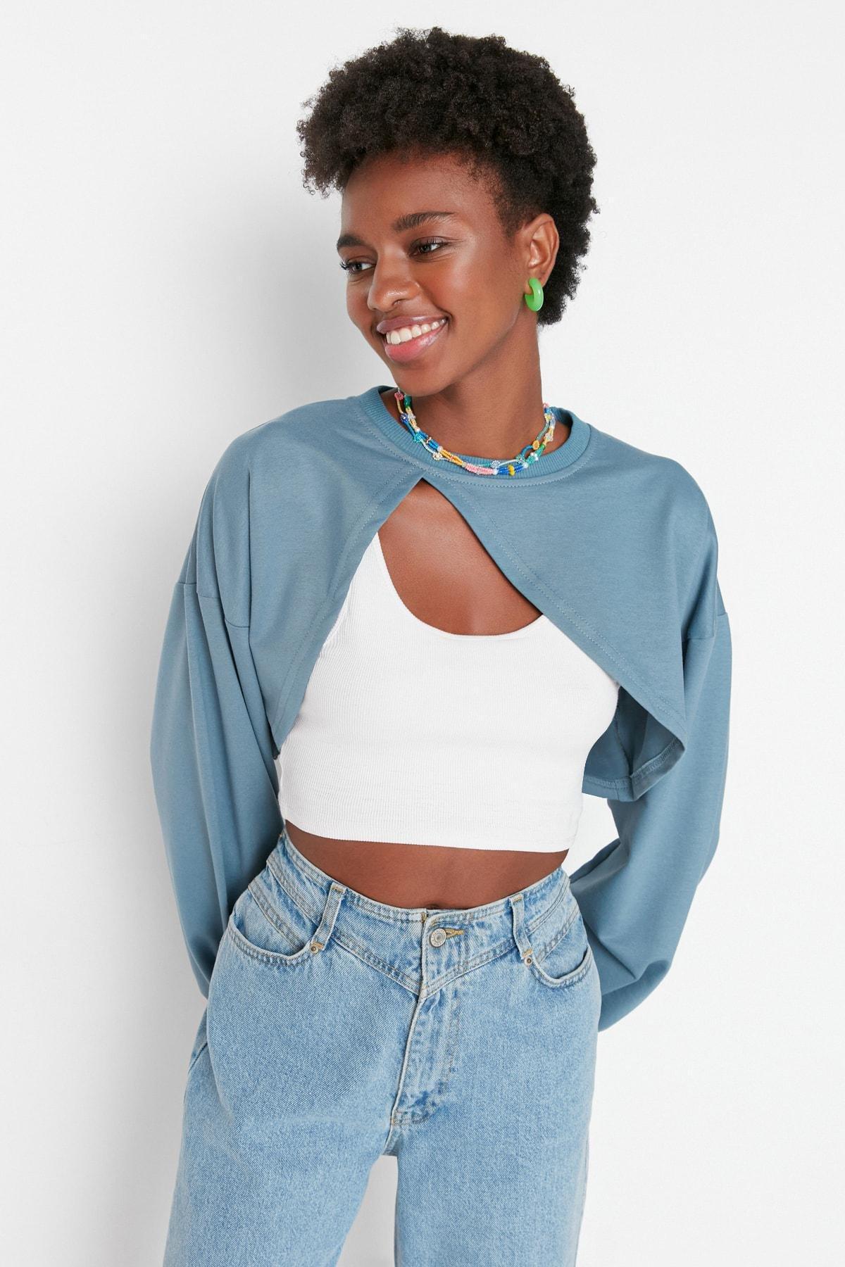 Blue Asymmetric Sweatshirt<br>, , large image number 0