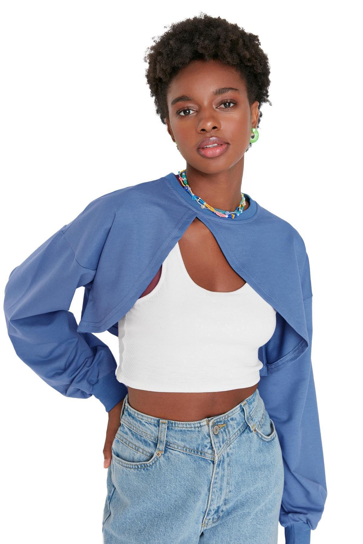 Blue Asymmetric Sweatshirt<br>, , large image number 1
