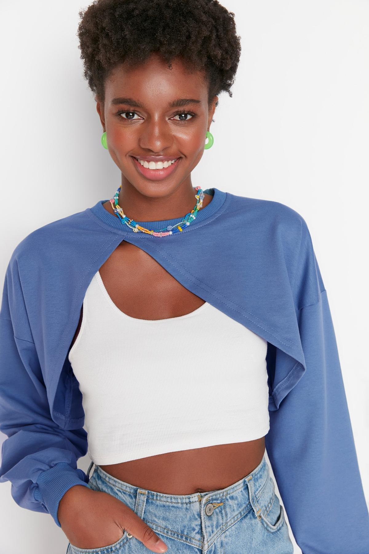 Blue Asymmetric Sweatshirt<br>, , large image number 3