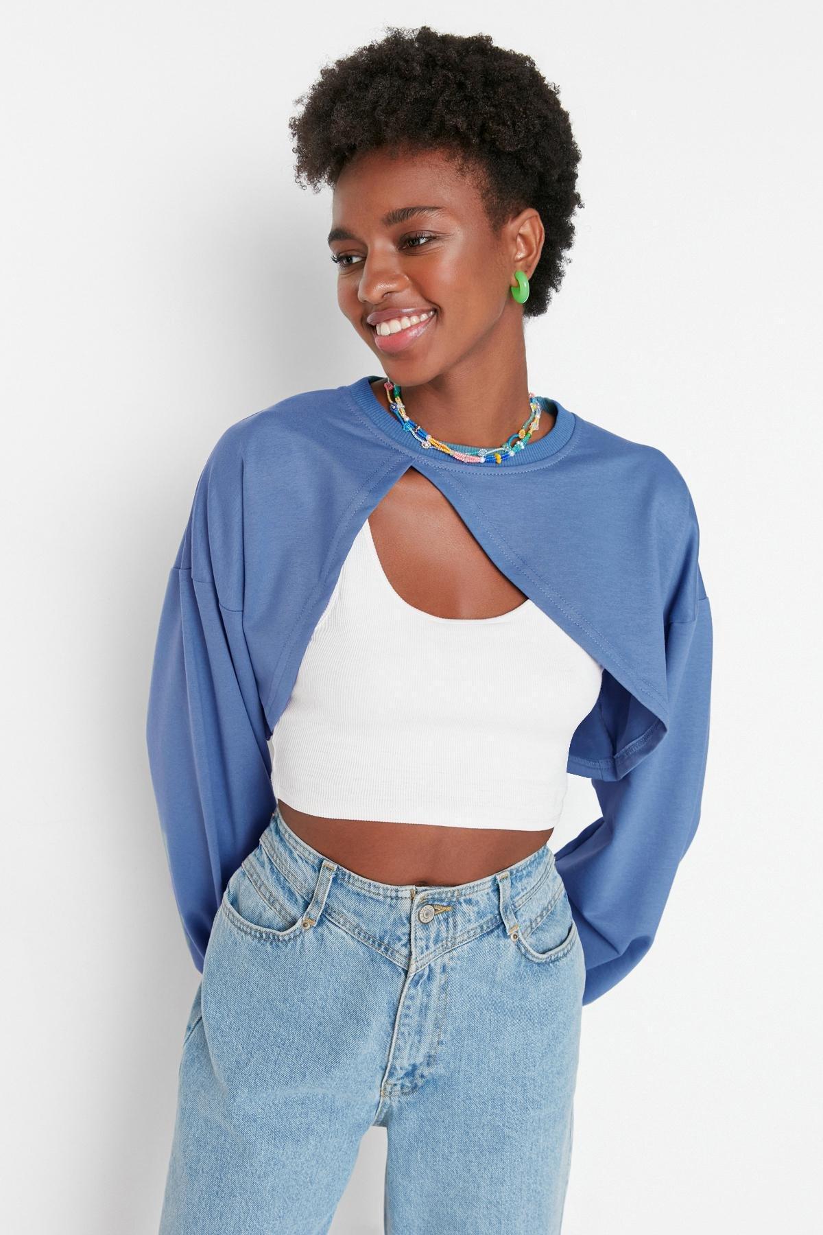 Blue Asymmetric Sweatshirt<br>, , large image number 4