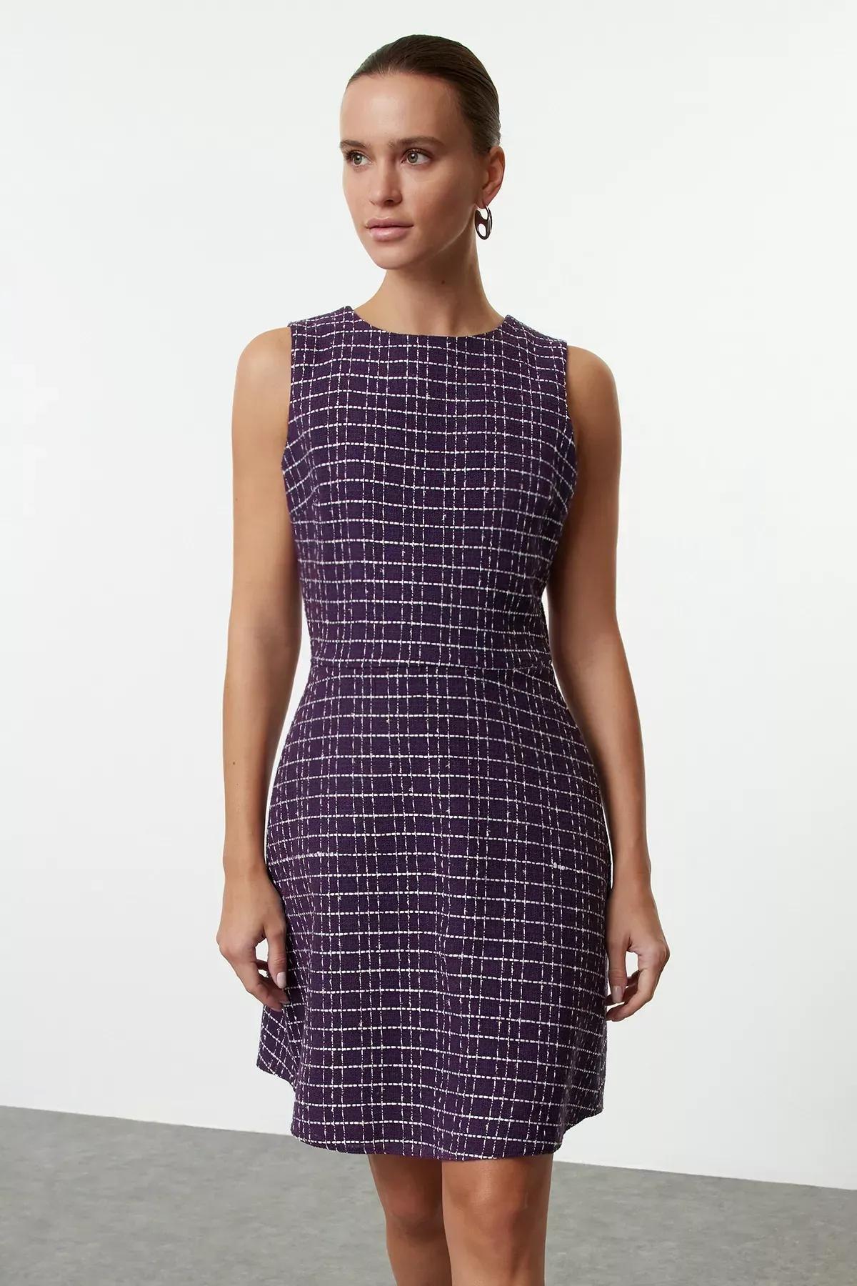 Purple Plaid Checkered Mini Dress, , large image number 0