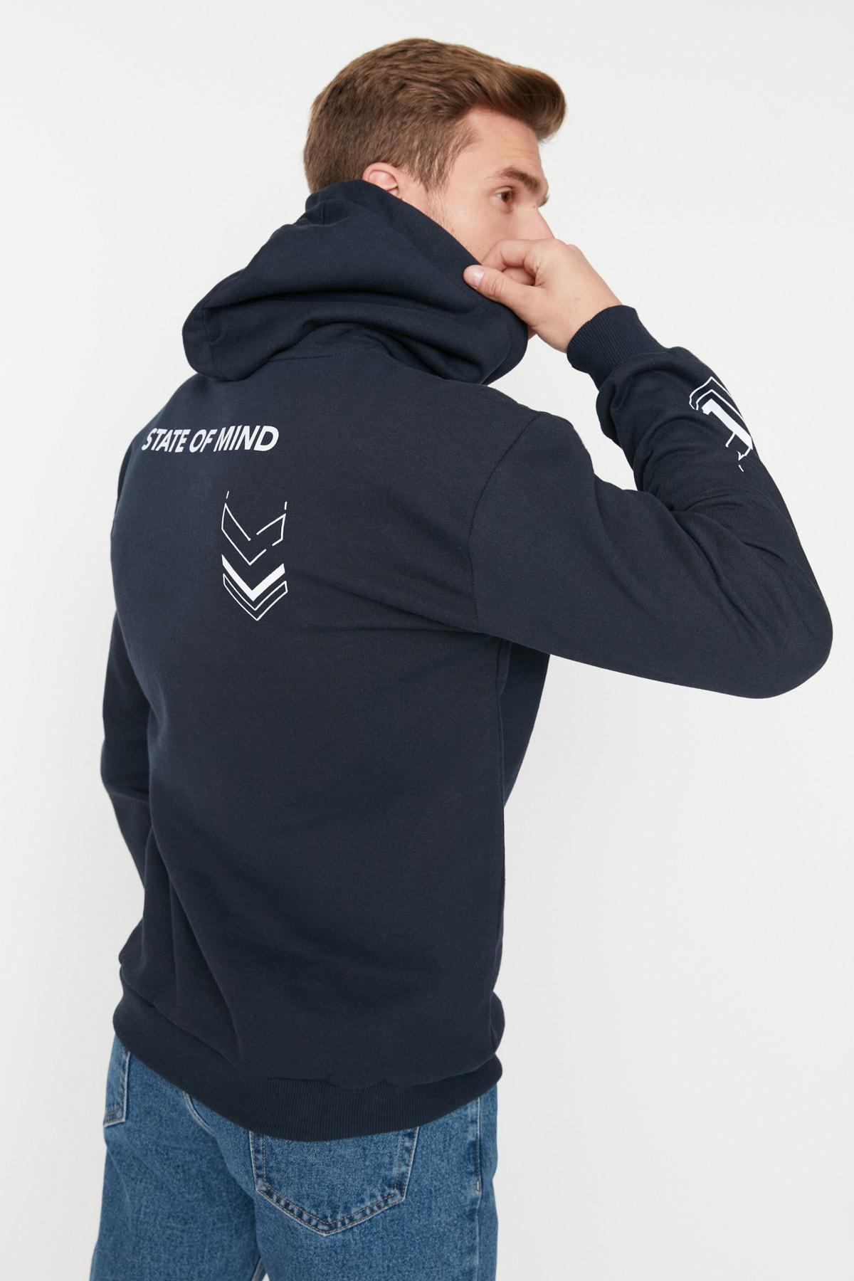 Navy Printed Relaxed Hooded Sweatshirt, , large image number 0