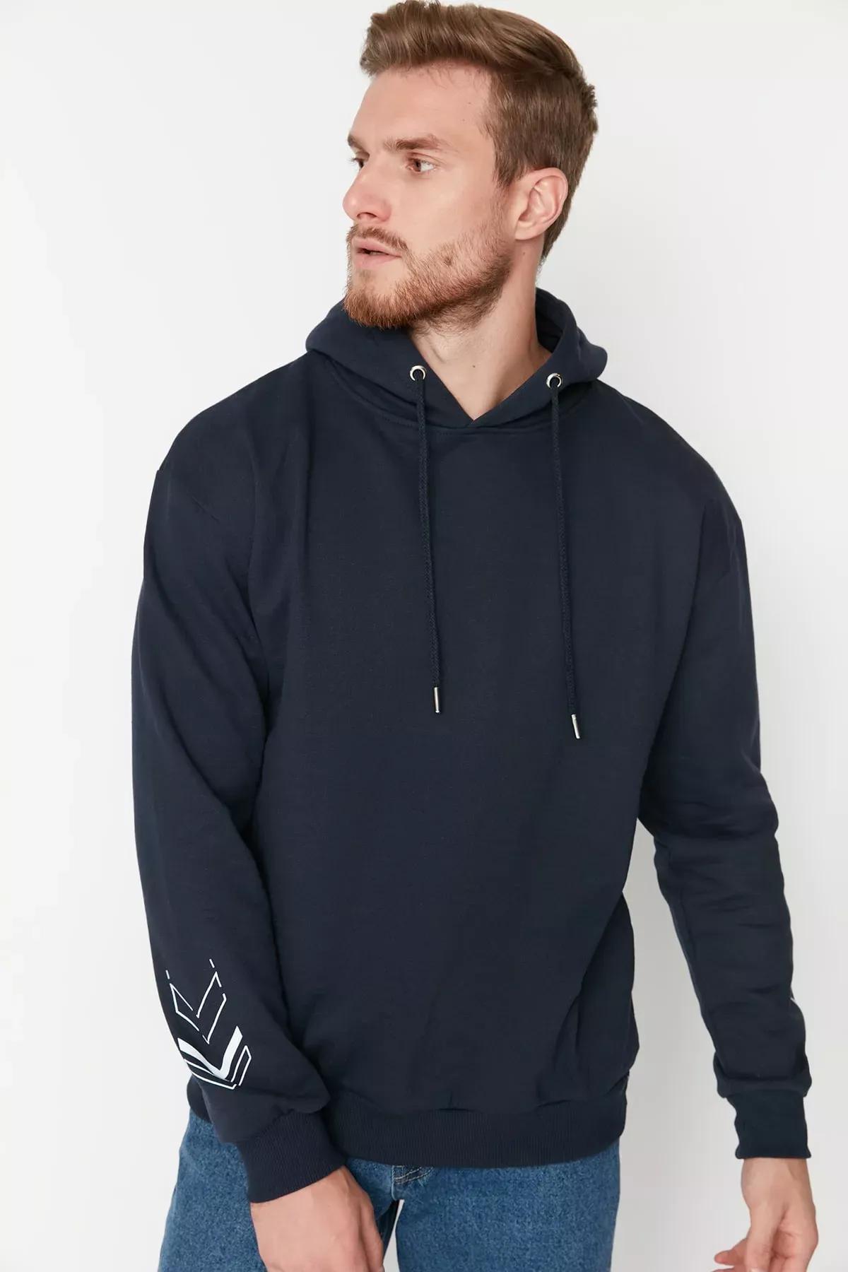 Navy Printed Relaxed Hooded Sweatshirt, Dark blue, medium