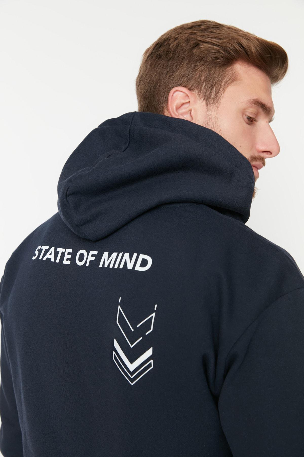 Navy Printed Relaxed Hooded Sweatshirt, , large image number 2