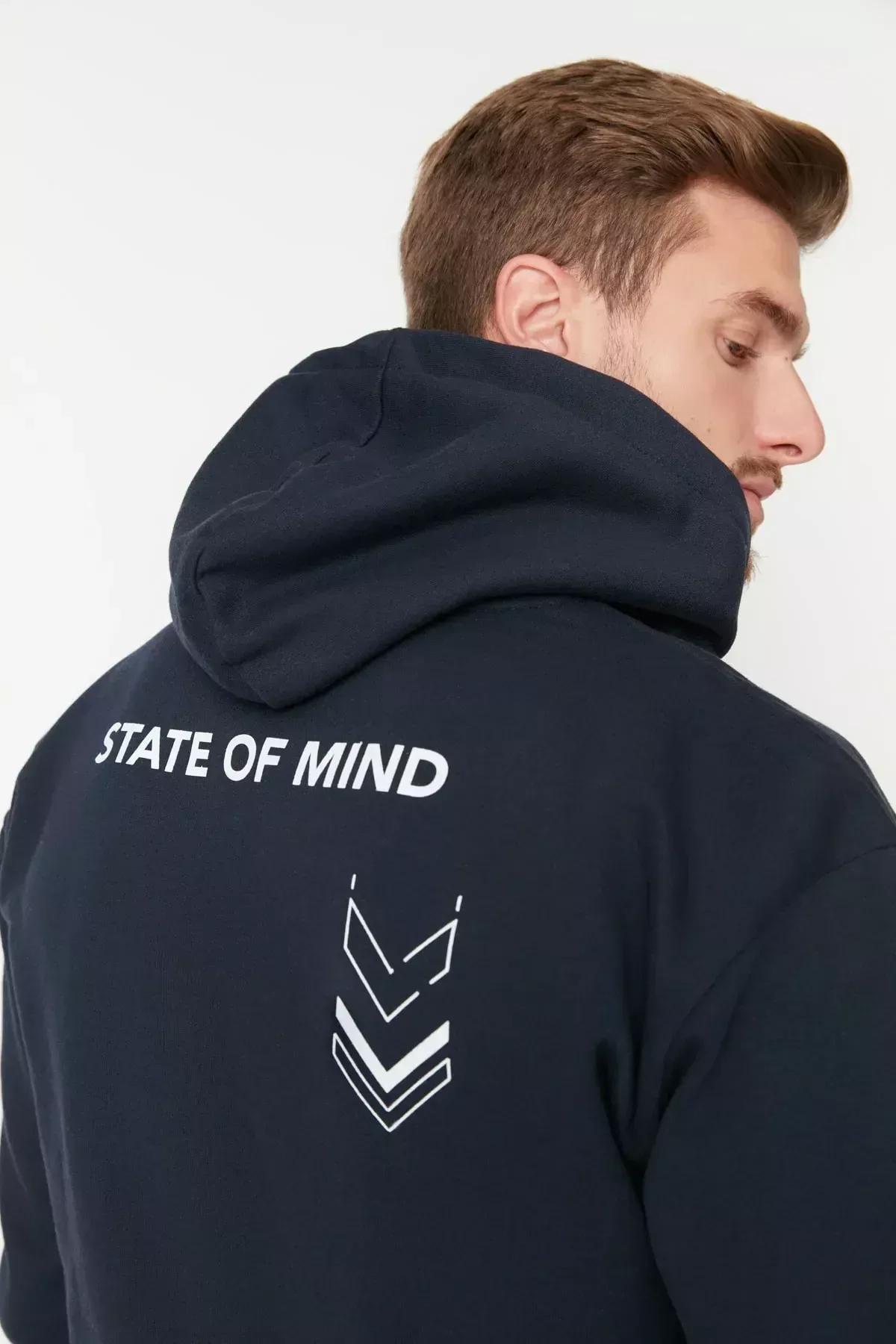 Navy Printed Relaxed Hooded Sweatshirt, Dark blue, medium