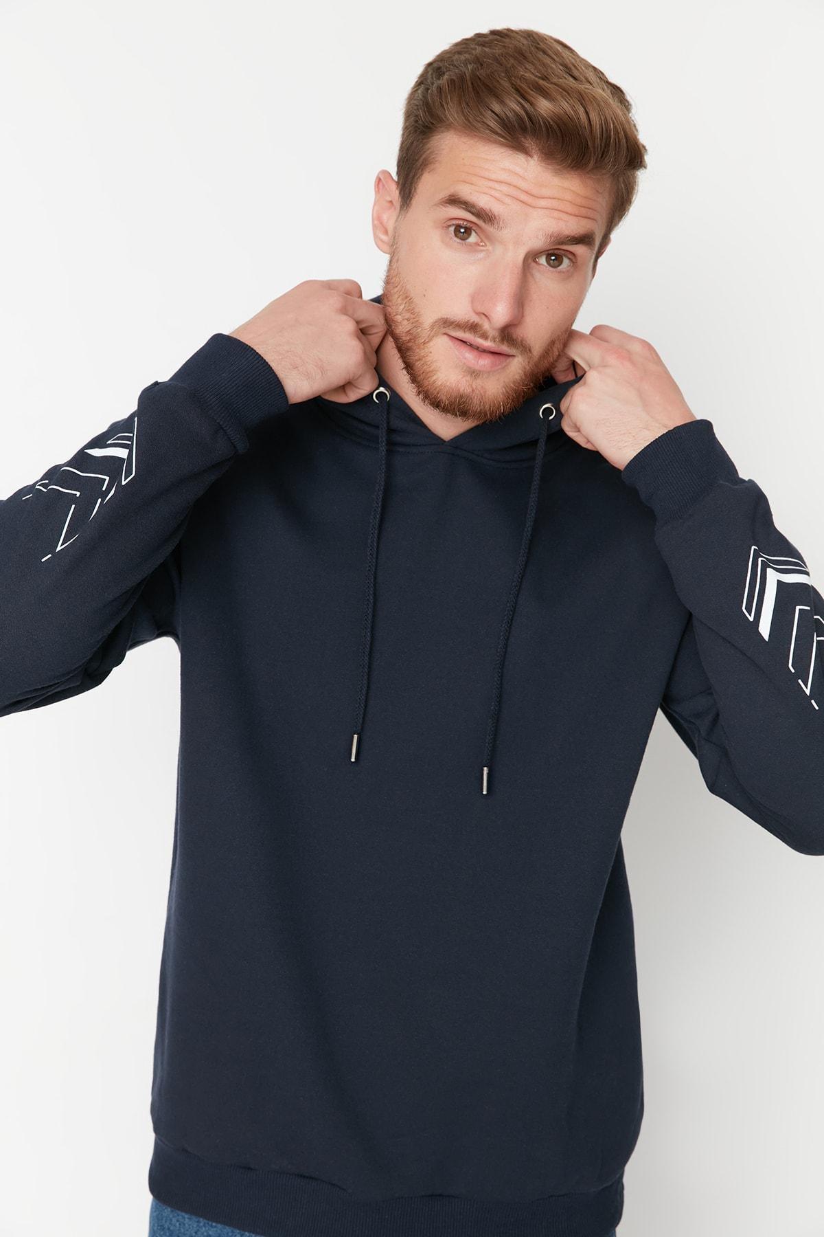 Navy Printed Relaxed Hooded Sweatshirt, , large image number 3