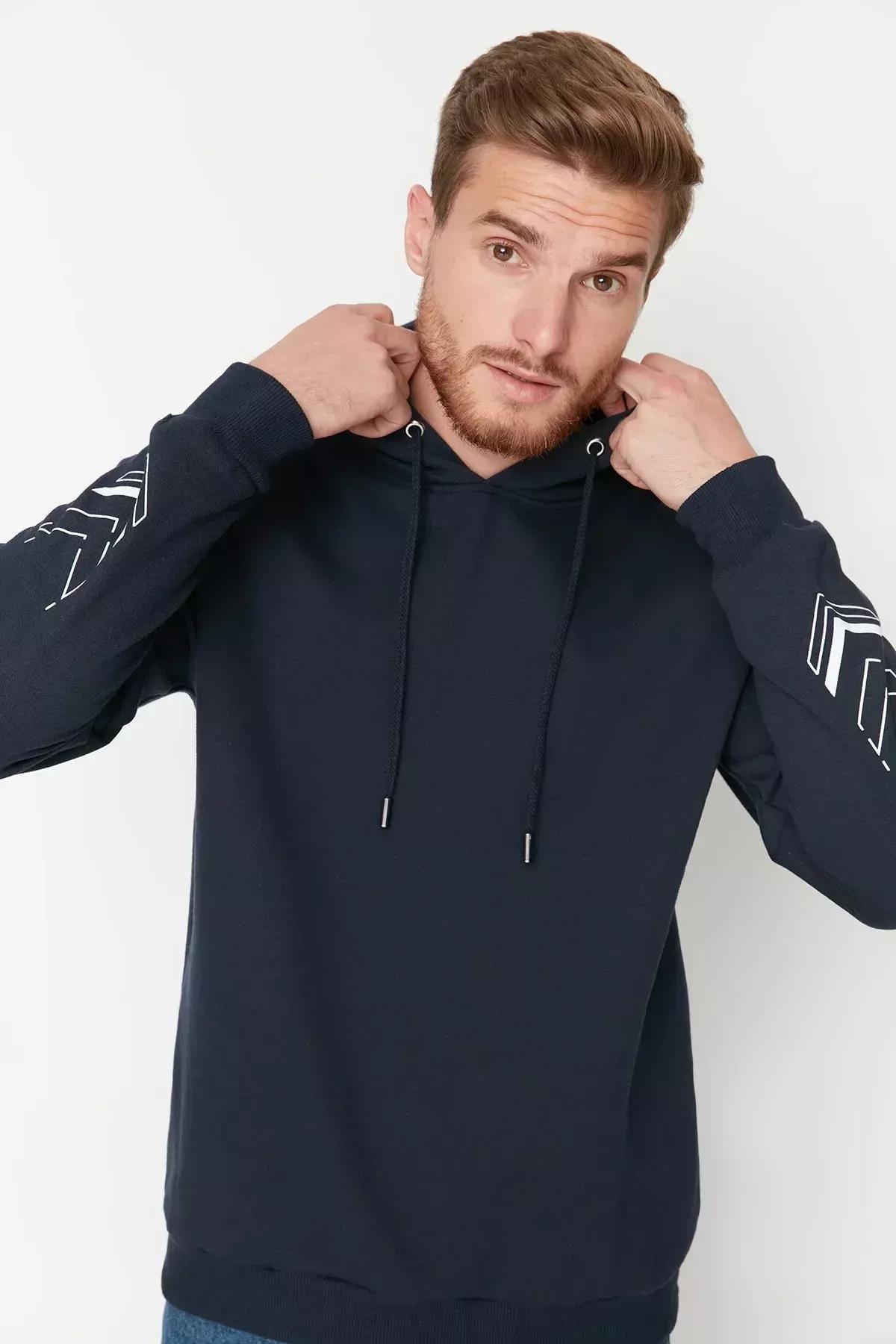 Navy Printed Relaxed Hooded Sweatshirt, Dark blue, large image number 3