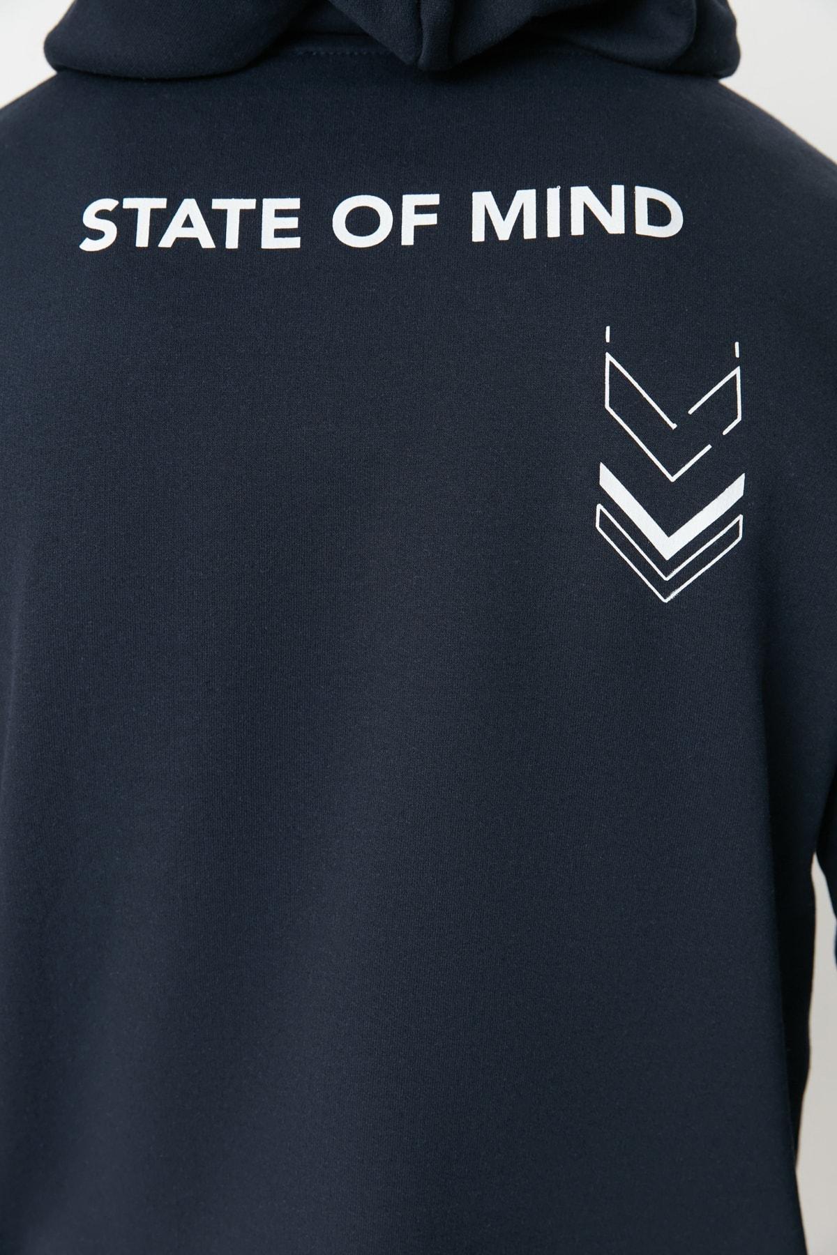 Navy Printed Relaxed Hooded Sweatshirt, , large image number 4