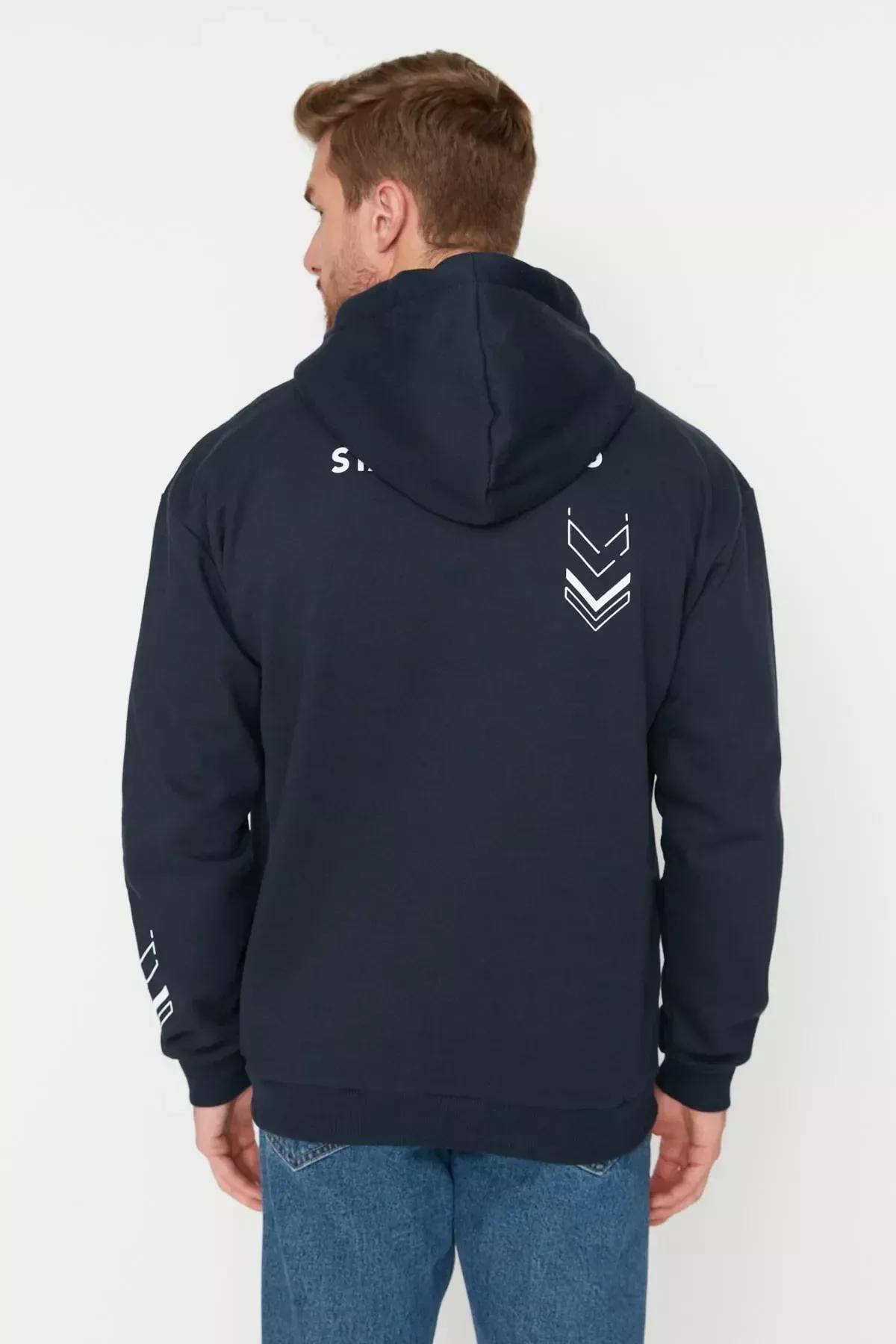 Navy Printed Relaxed Hooded Sweatshirt, Dark blue, large image number 4