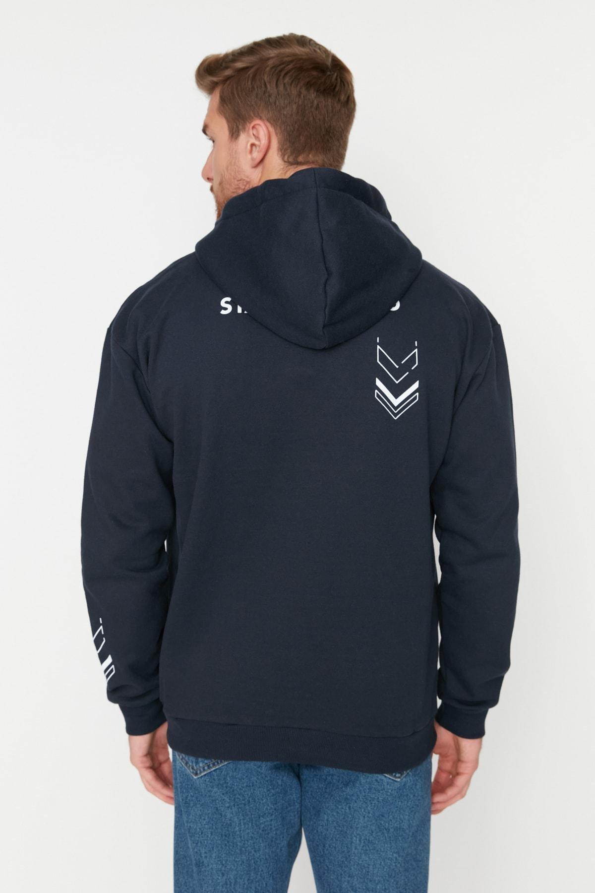 Navy Printed Relaxed Hooded Sweatshirt, , large image number 5