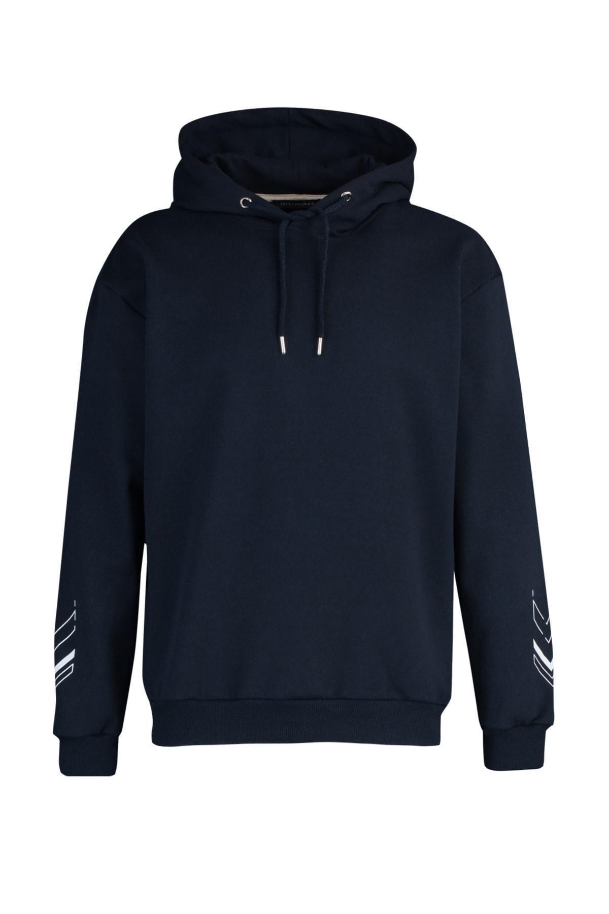 Navy Printed Relaxed Hooded Sweatshirt, , large image number 6