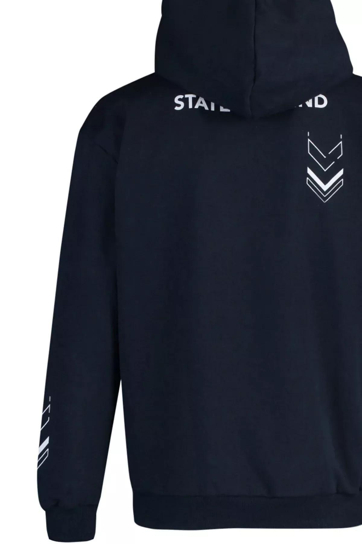 Navy Printed Relaxed Hooded Sweatshirt, Dark blue, large image number 6