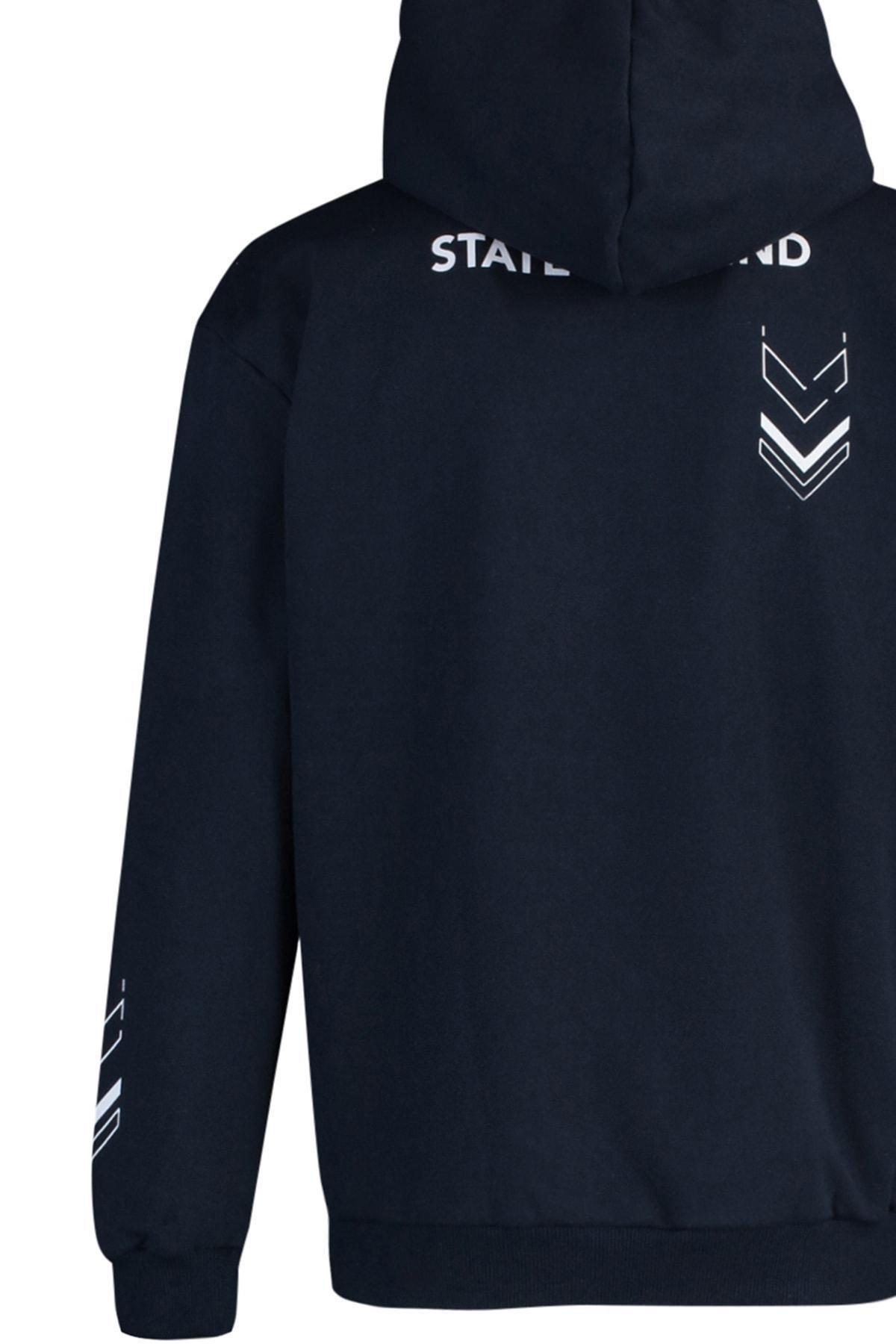 Navy Printed Relaxed Hooded Sweatshirt, , large image number 7