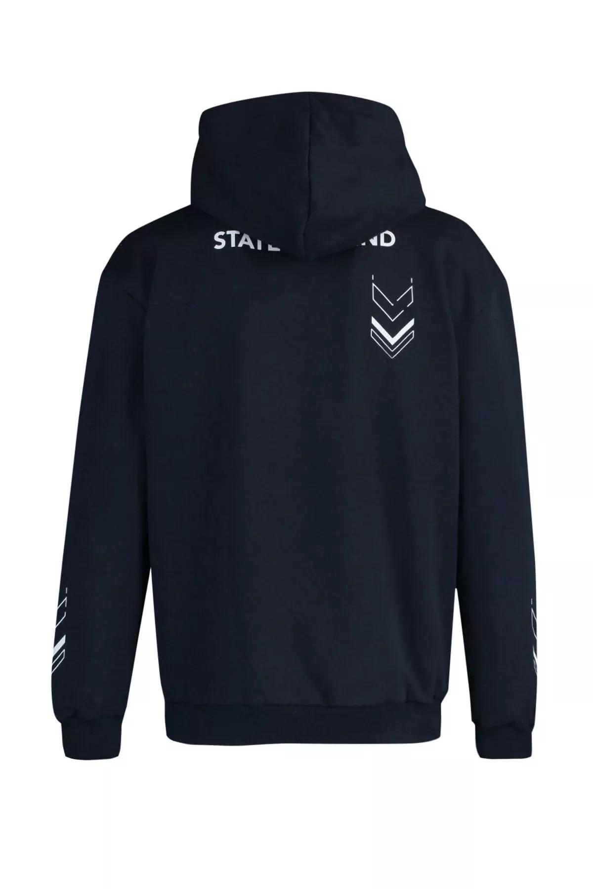 Navy Printed Relaxed Hooded Sweatshirt, Dark blue, large image number 7