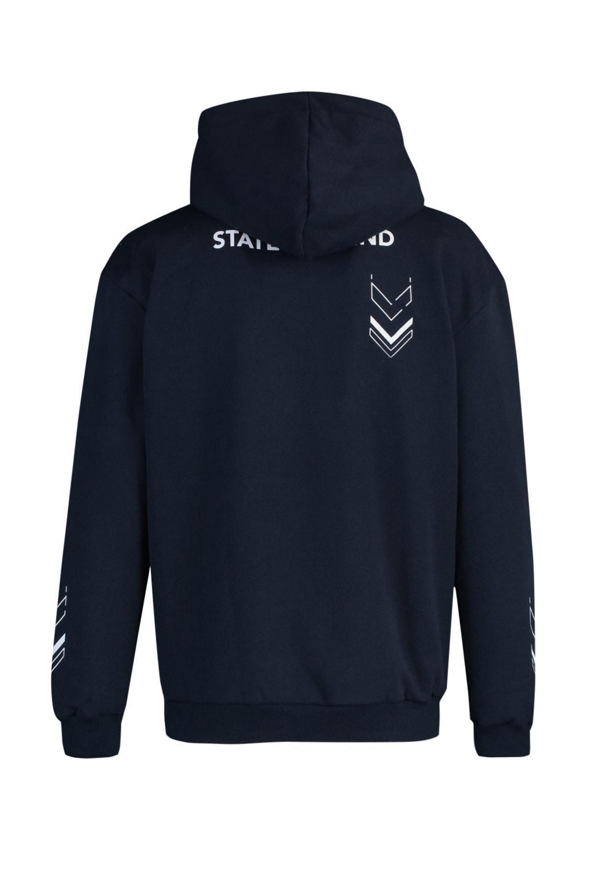 Navy Printed Relaxed Hooded Sweatshirt, , large image number 8
