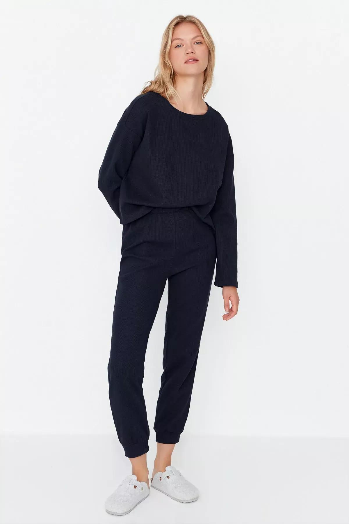 Blue Plain Pajama Set, Dark blue, large image number 0