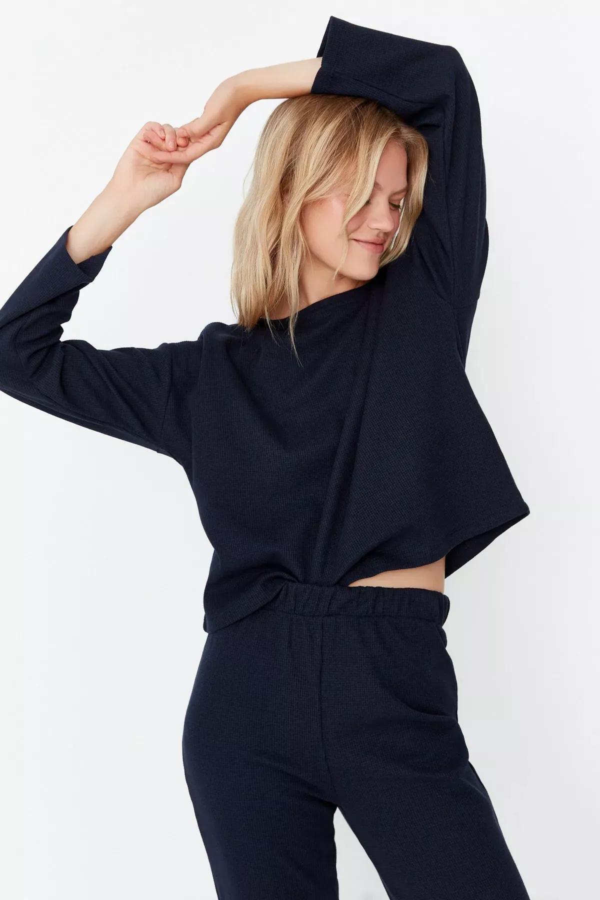 Blue Plain Pajama Set, Dark blue, large image number 2