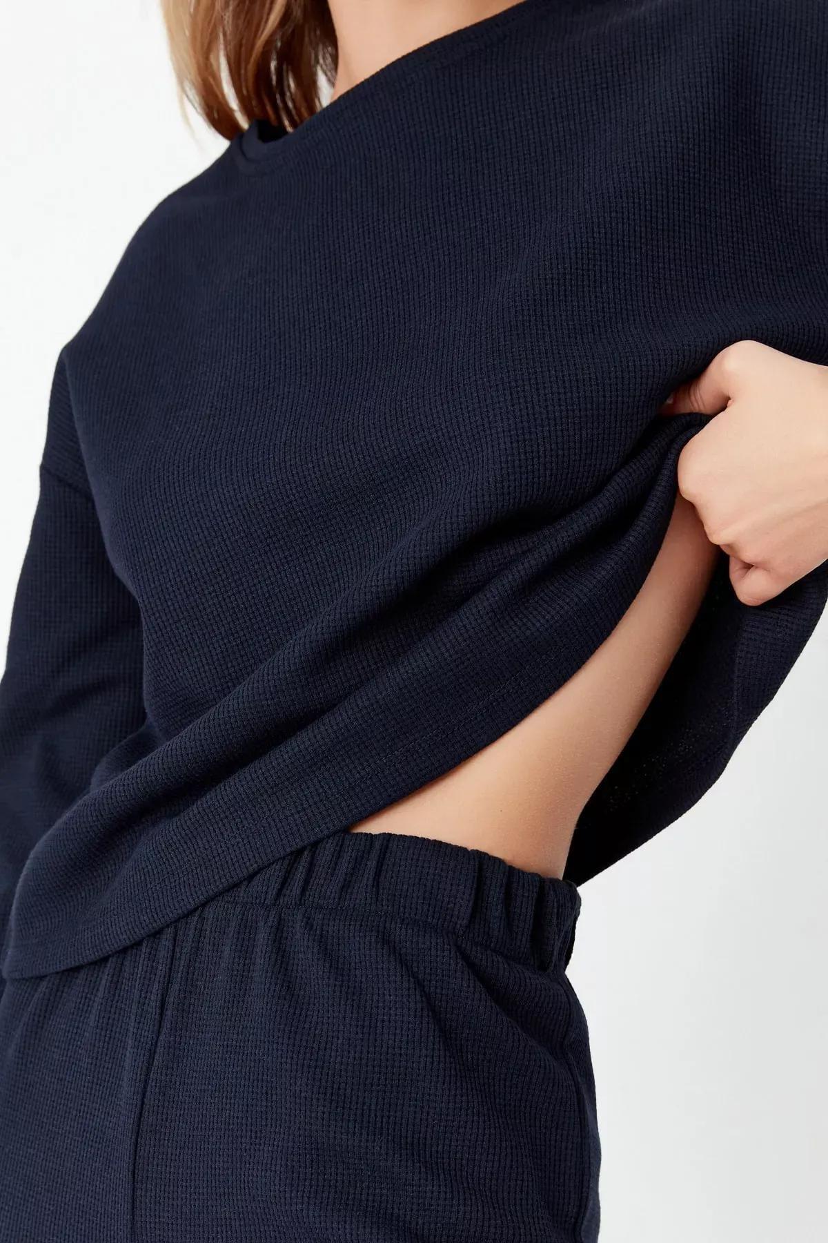 Blue Plain Pajama Set, Dark blue, large image number 3