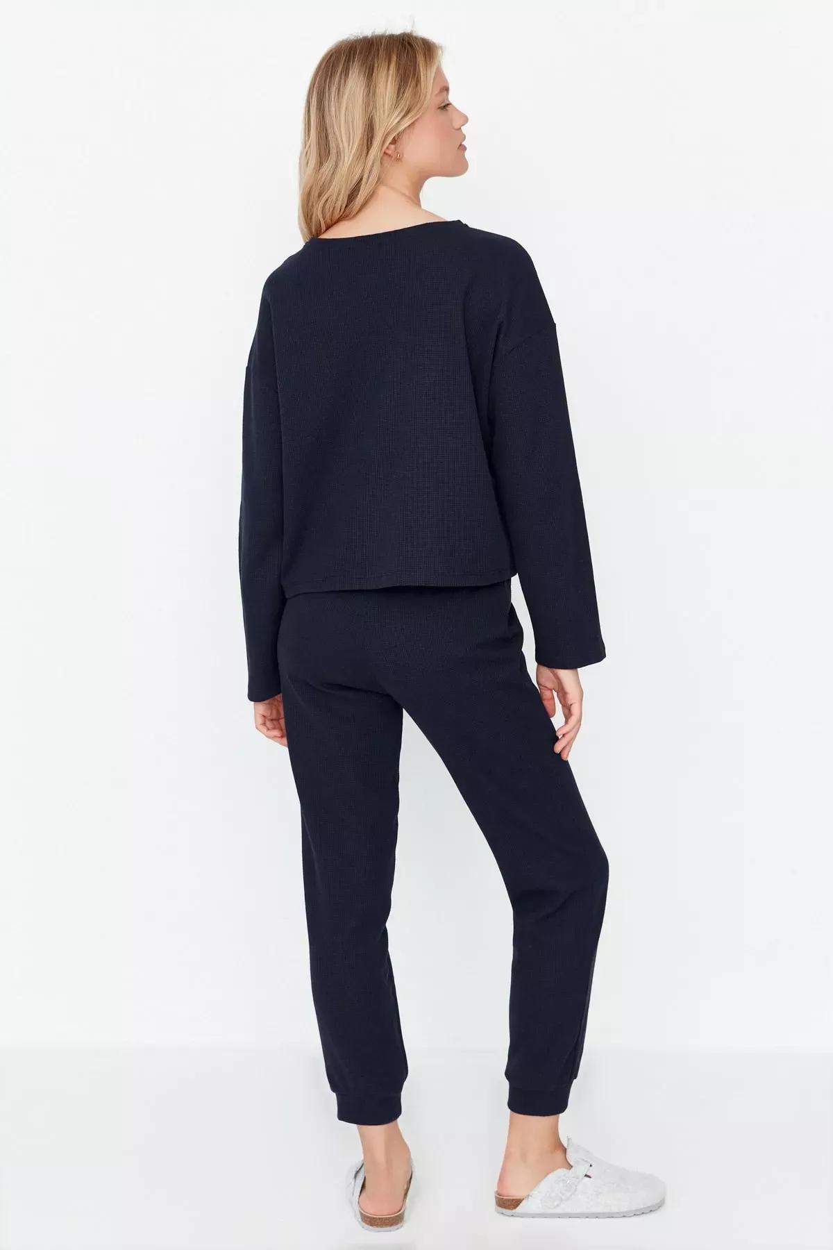 Blue Plain Pajama Set, Dark blue, large image number 4