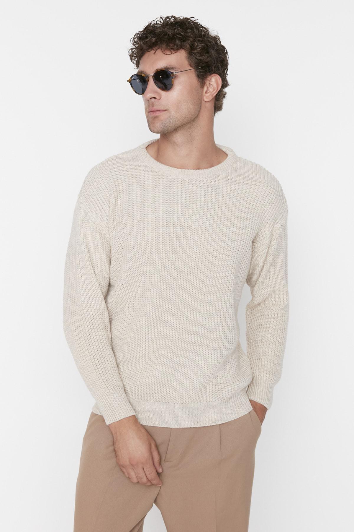 Beige Fitted Crew Neck Sweater, , large image number 0