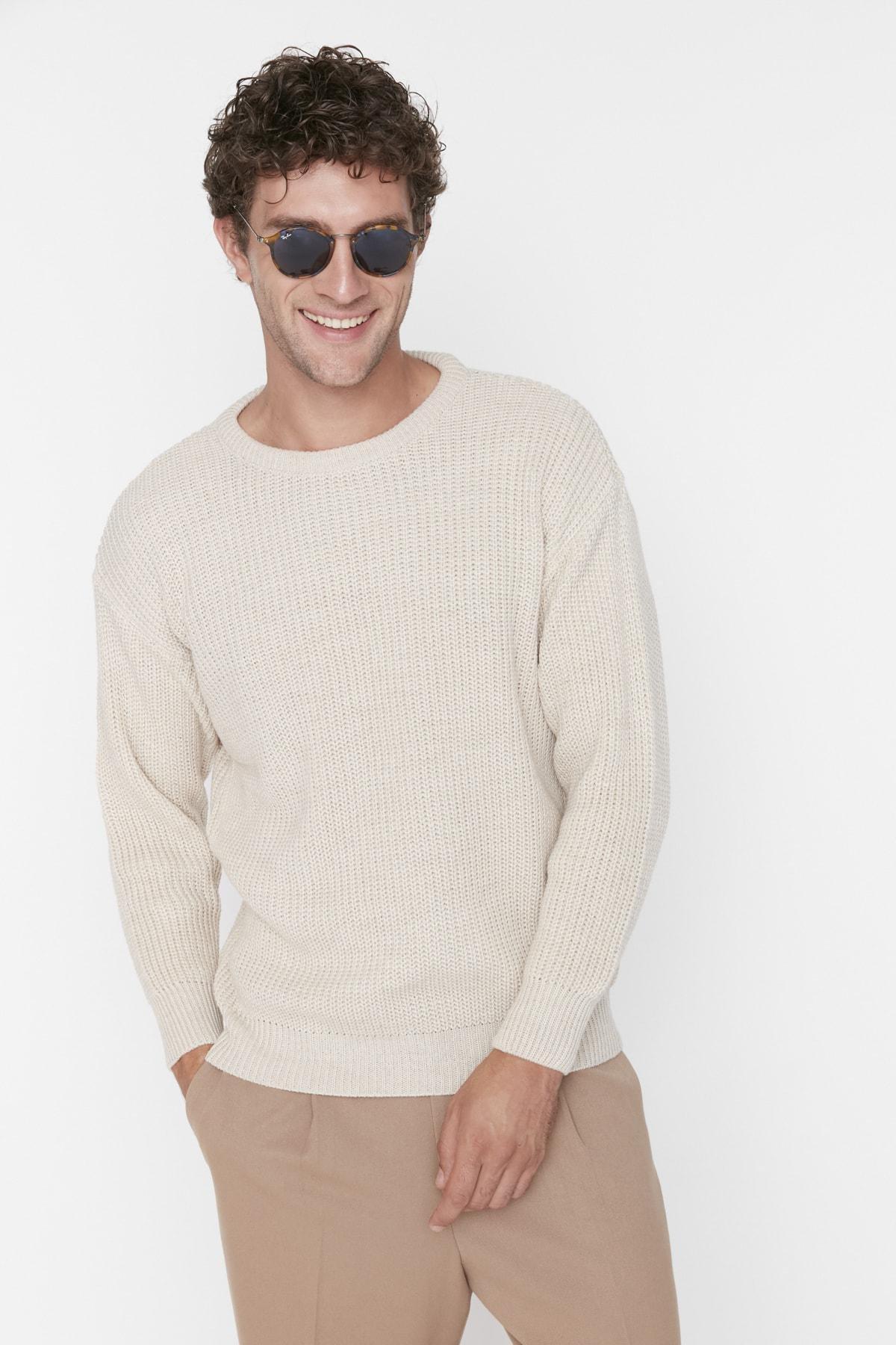 Beige Fitted Crew Neck Sweater, , large image number 1