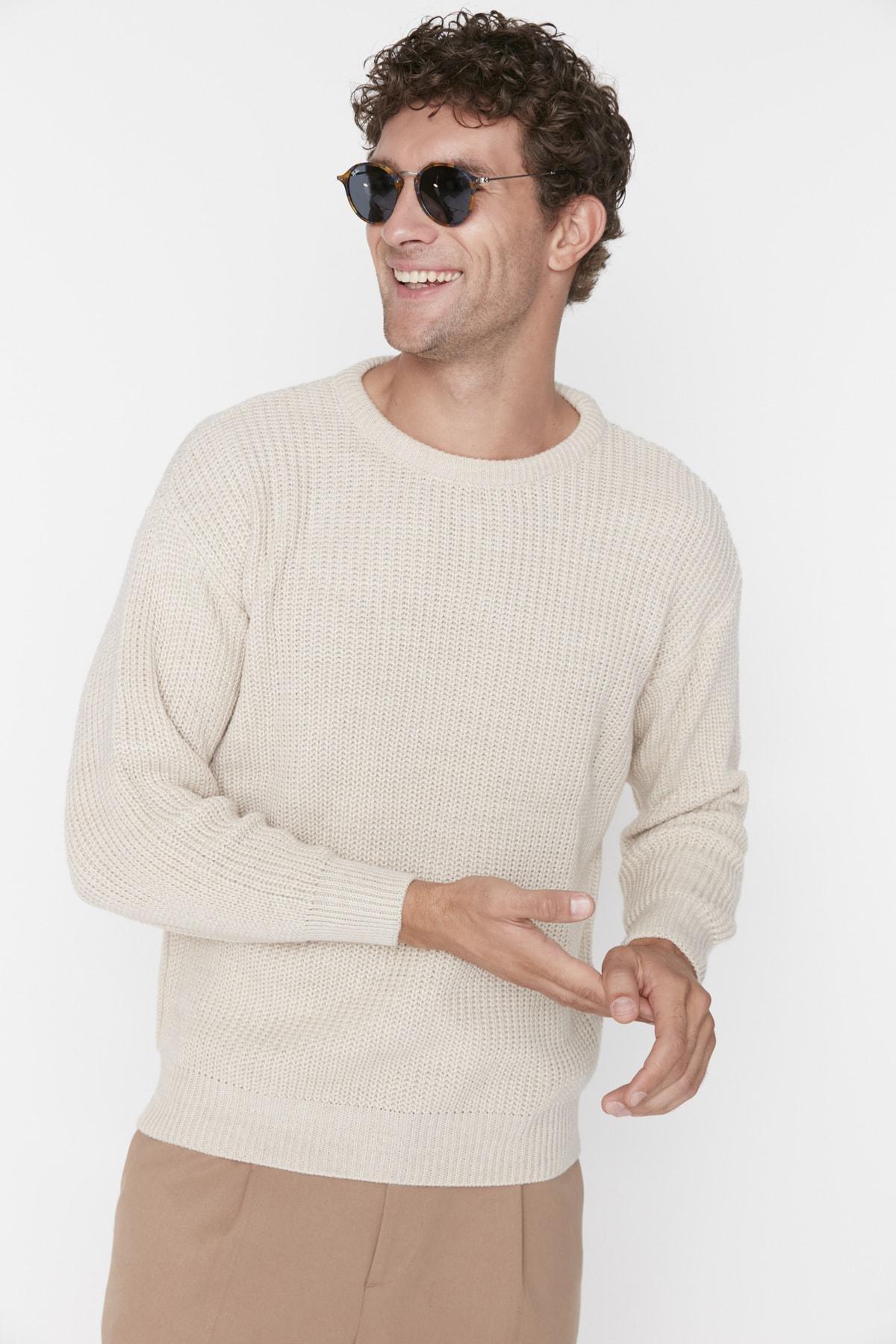 Beige Fitted Crew Neck Sweater, , large image number 2