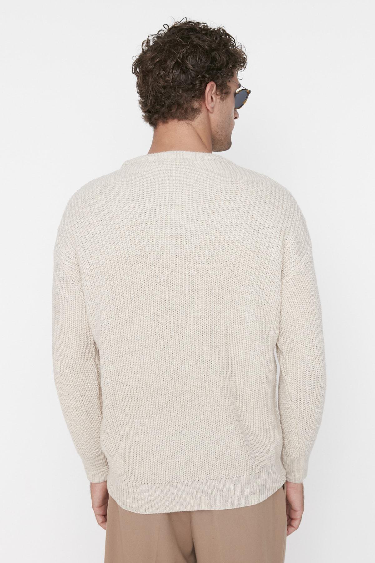 Beige Fitted Crew Neck Sweater, , large image number 4